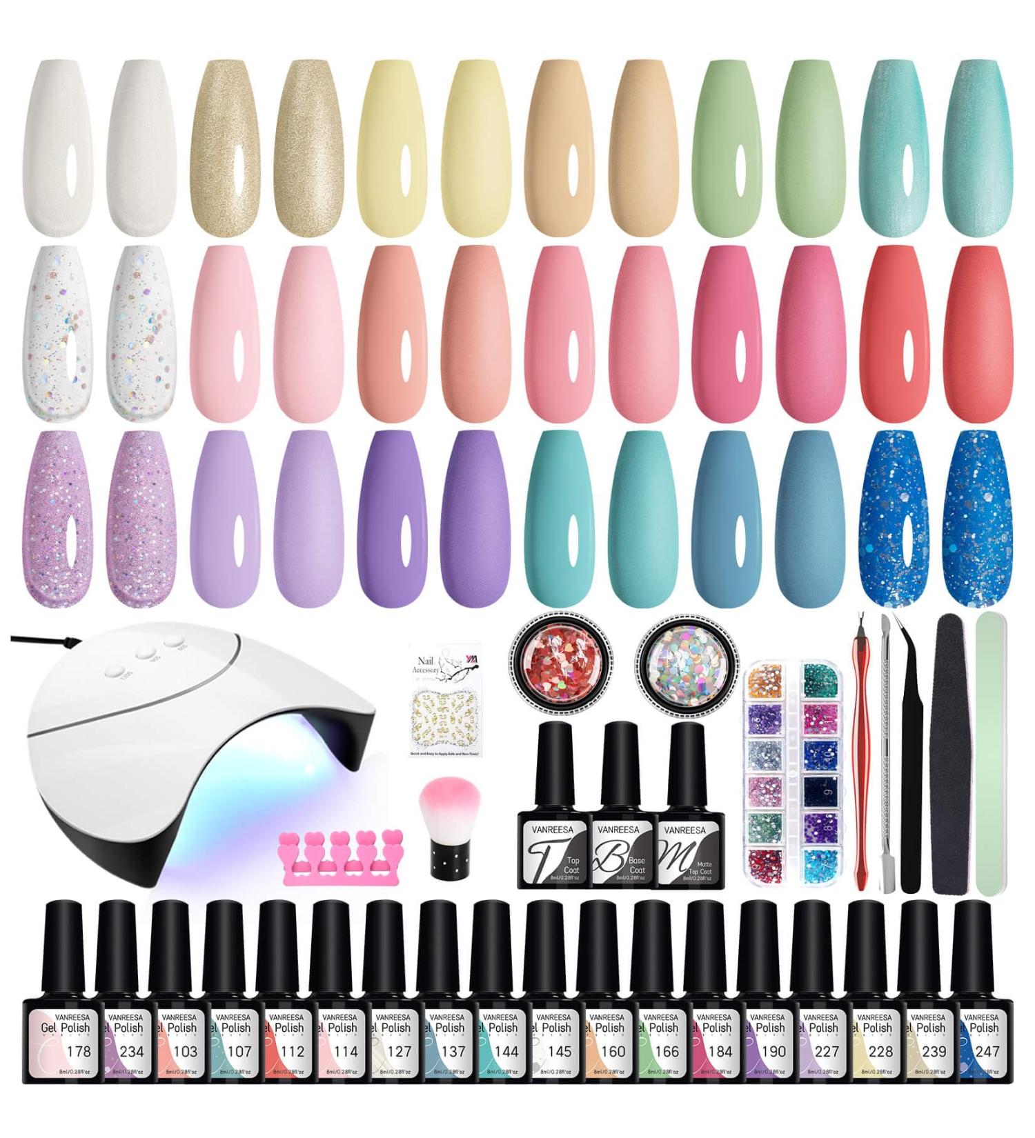 VANREESA Gel Nail Kit: 18 Colours with Lamp, Starter Set with Base, Top Coat & Nail Art. Perfect Gift for Women - 33 Pieces - Buy Online on GoSupps.com