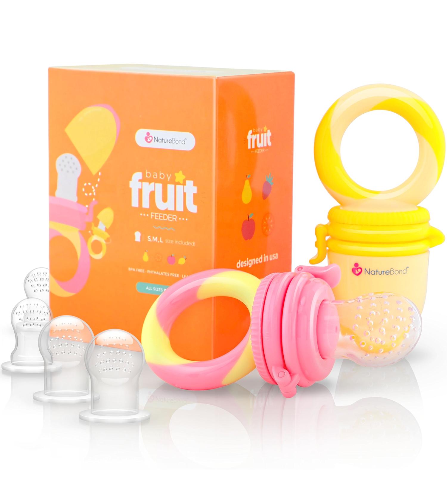 NatureBond Baby Food Feeder Pacifier (2 Pack) - Teething Toy Teether | Includes Silicone Sacs in Peach Pink and Lemonade Yellow - Buy Online on GoSupps.com
