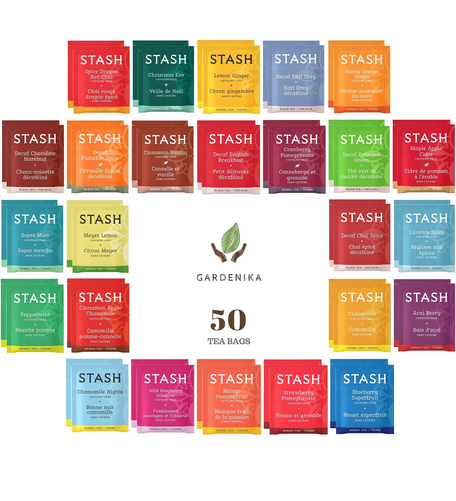 Stash Tea Bags Variety Pack - Herbal & Decaf Assorted Teas - 50 Ct - 25 Flavors - Handmade Cotton Pouch - Caffeine-Free & Decaf - Tea Sets for Men and Women - Buy Online on GoSupps.com