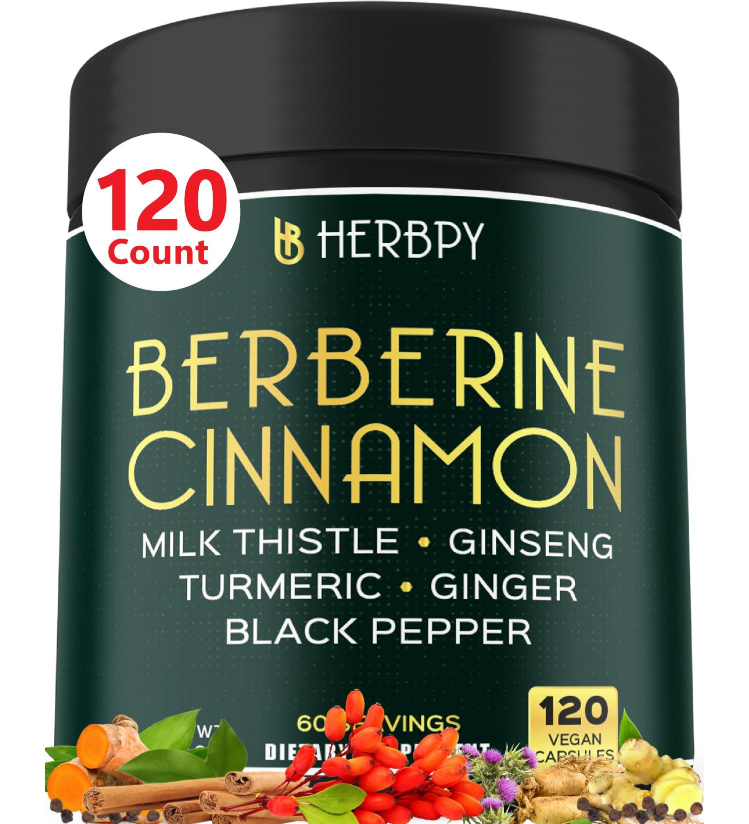 Herbpy 7in1 Premium Berberine and Ceylon Cinnamon for Weight Management Digestion Heart Health & Immune Support - with Ginseng Turmeric Ginger Milk Thistle & Black Pepper - 120 Vegan Capsules - Buy Online on GoSupps.com