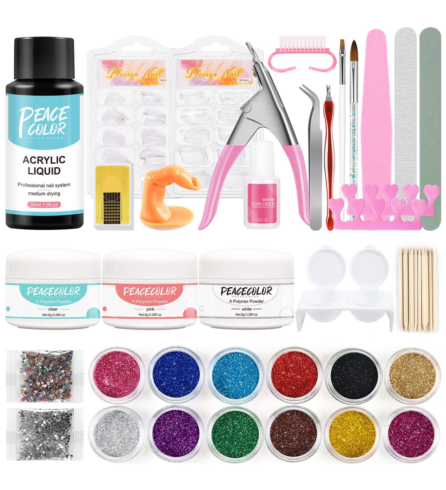 PEACECOLOR Acrylic Nail Kit for Beginners White Pink Clear Acrylic Powder 30ml Acrylic Liquid for Nail Extension Nail Forms Acrylic Nail Brush Acrylic Nails Supplies AC-21 - Buy Online on GoSupps.com