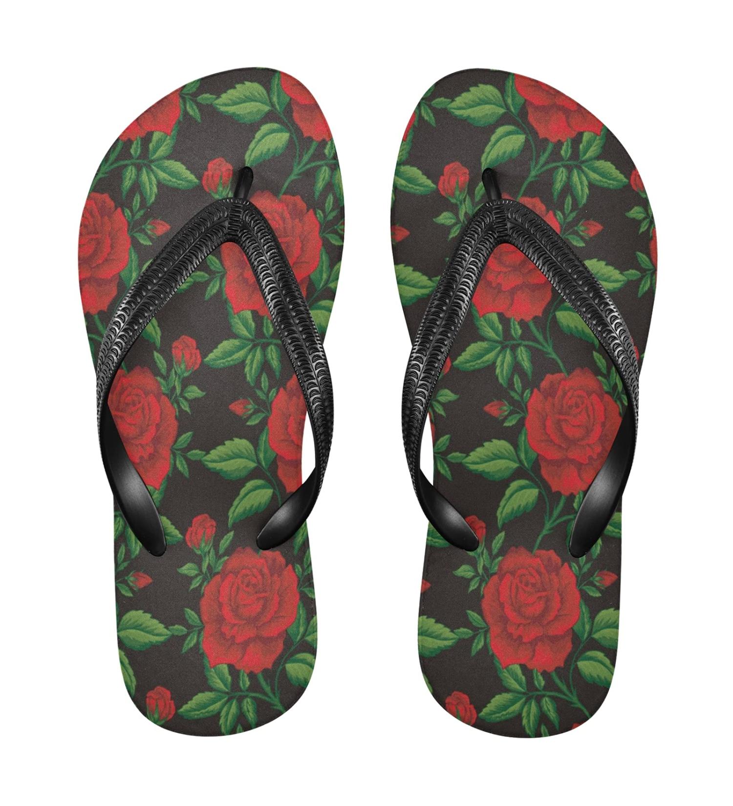 Mnsruu Green Rose Leaves Flip Flops | XXL Comfortable Footwear for Home Hotel Spa & Travel for Men & Women - Buy Online on GoSupps.com