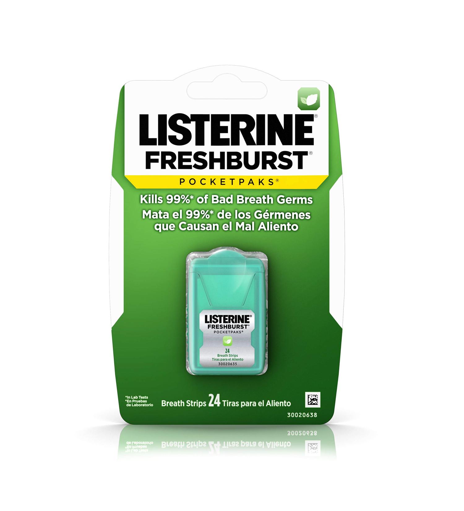 Listerine Freshburst Pocketpaks Fresh Breath Strips Mint Breath Refresher Strips to Kill 99% of Bad Breath Germs Portable Pack Freshburst Spearmint Flavor 24-Strips (Pack of 1) - Buy Online on GoSupps.com
