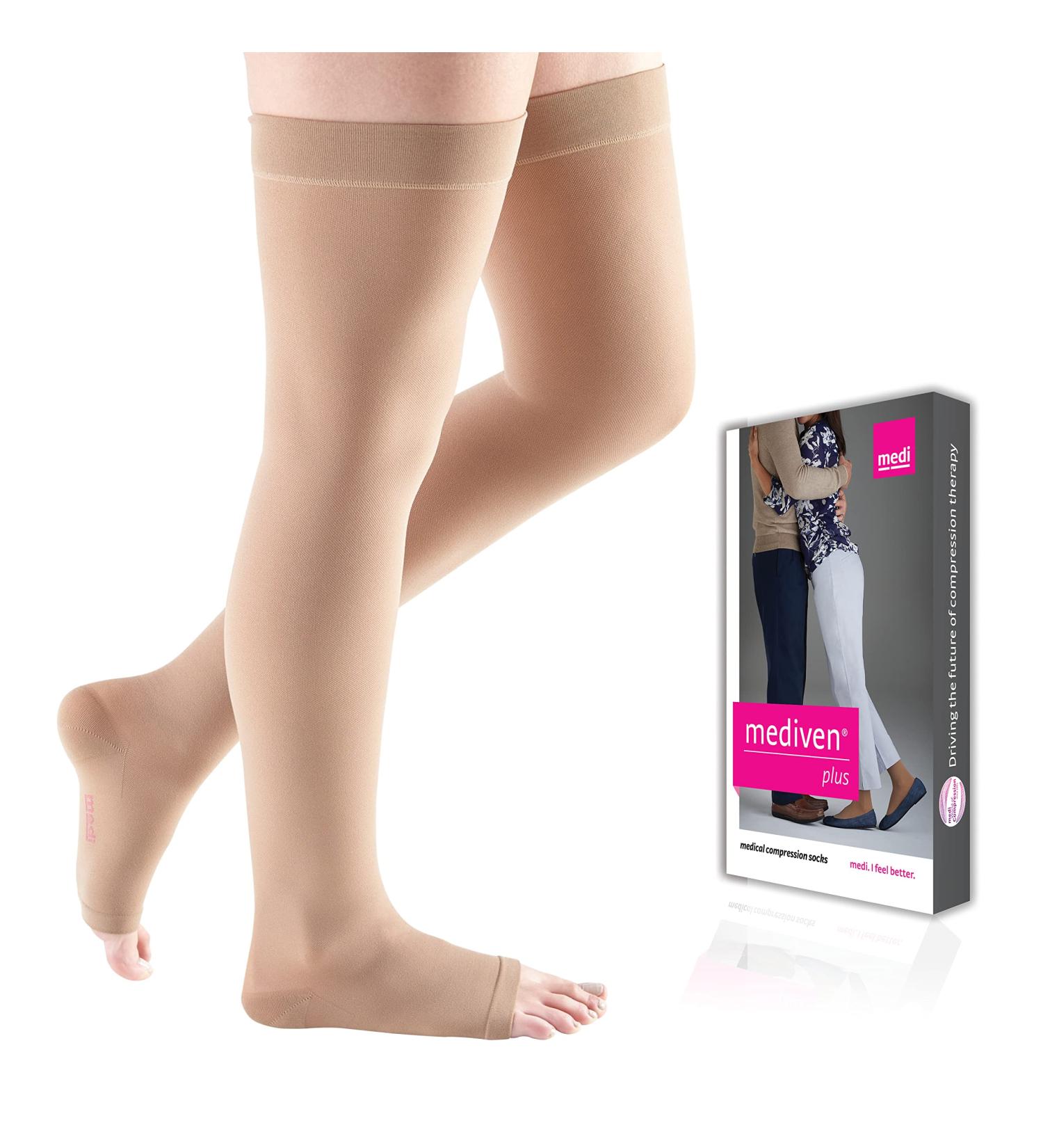 Shop Mediven Plus Thigh High Compression Stockings for Men & Women - 40-50 mmHg Silicone Top-Band Open Toe Petite-I Beige - International Shipping Available - Buy Online on GoSupps.com