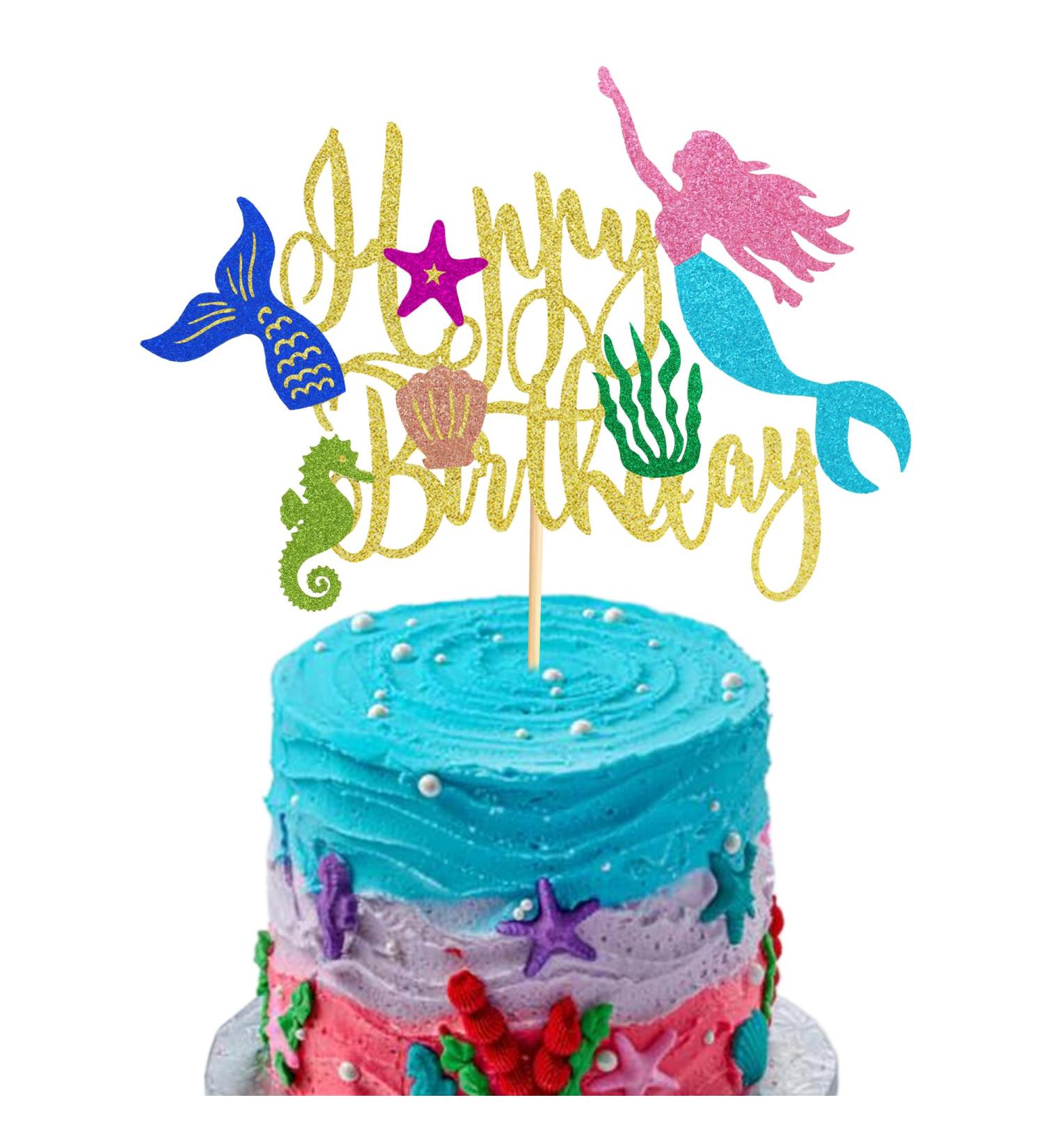 Arthsdite 1Pc Mermaid Happy Birthday Cake Topper Mermaid Cake Pick Starfish Seaweed Seashells Coral Mermaid Tail Cake Decoration for Under the Sea Baby Shower Birthday Party Cake Decorations Supplies Mermaid Cake Topper