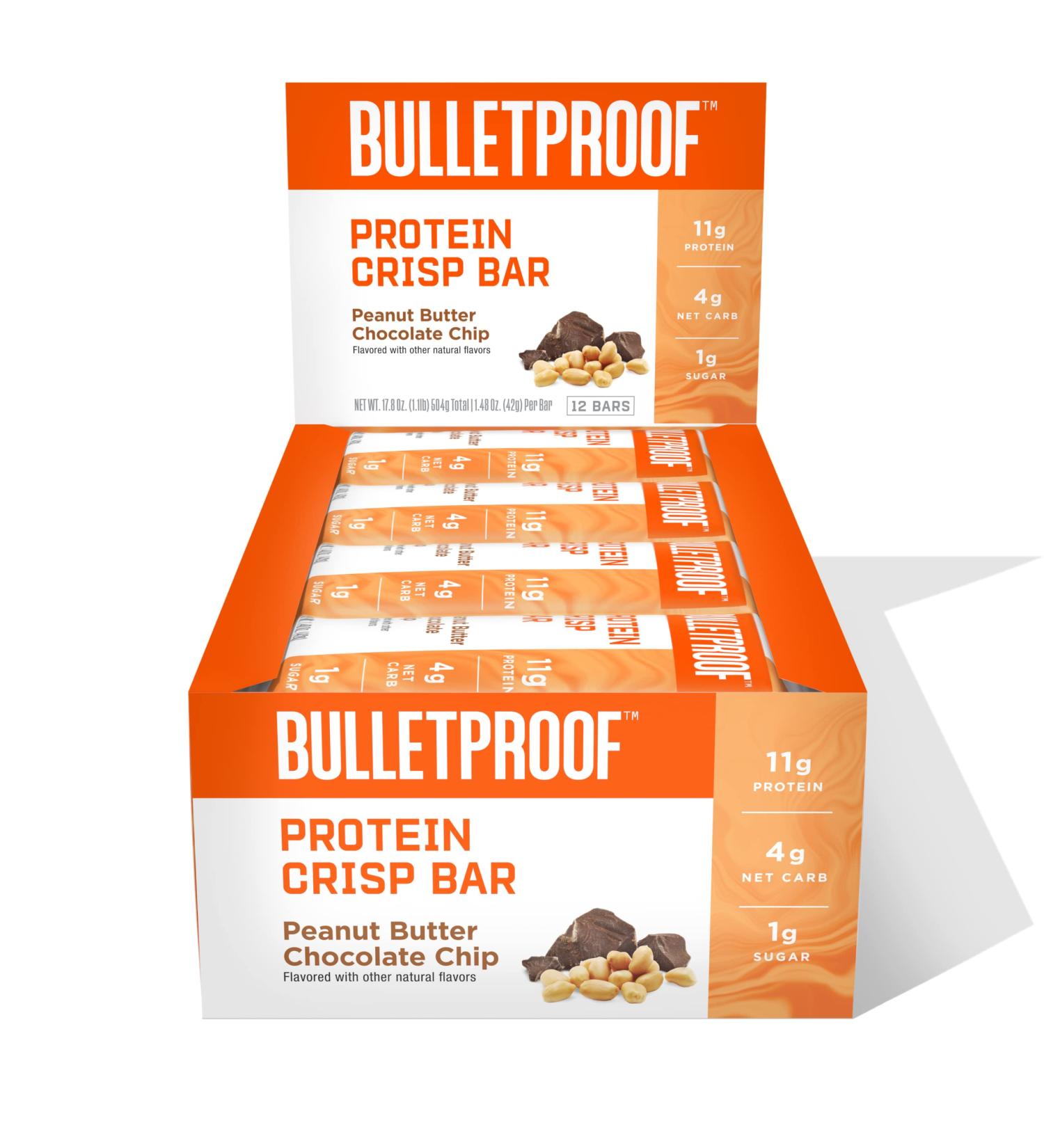 Bulletproof Protein Crisp Bars - Peanut Butter Chocolate Chip (12 Pack) | High Protein, Low Sugar - Buy Online on GoSupps.com