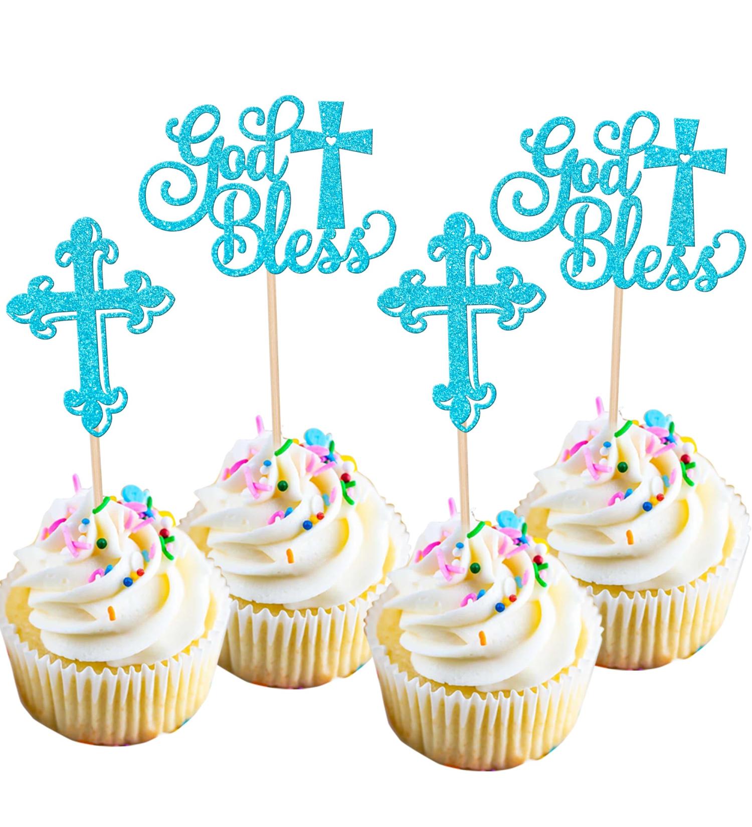 Rsstarxi 24 Pack God Bless and Baptism Cupcake Toppers Glitter Cross God Bless Cupcake Picks Decorations for Babyshower Christian First Communion Baptism Party Cake Decorations Blue - Buy Online on GoSupps.com