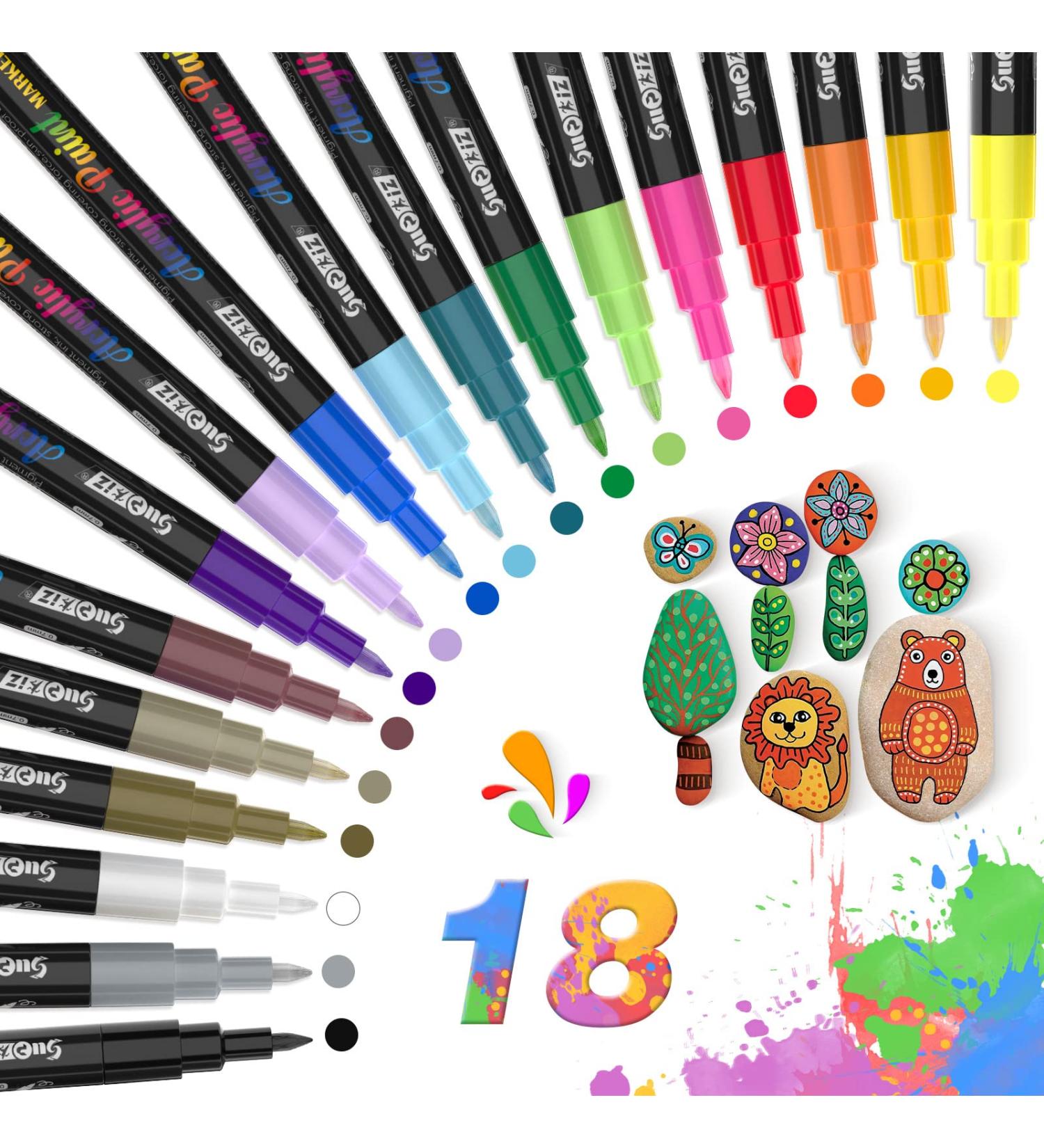 18 Colors Fine Point Acrylic Paint Pens for Rock, Fabric, Wood, Canvas, Ceramic - Non-Toxic, Quick Dry Paint Markers - Buy Online on GoSupps.com