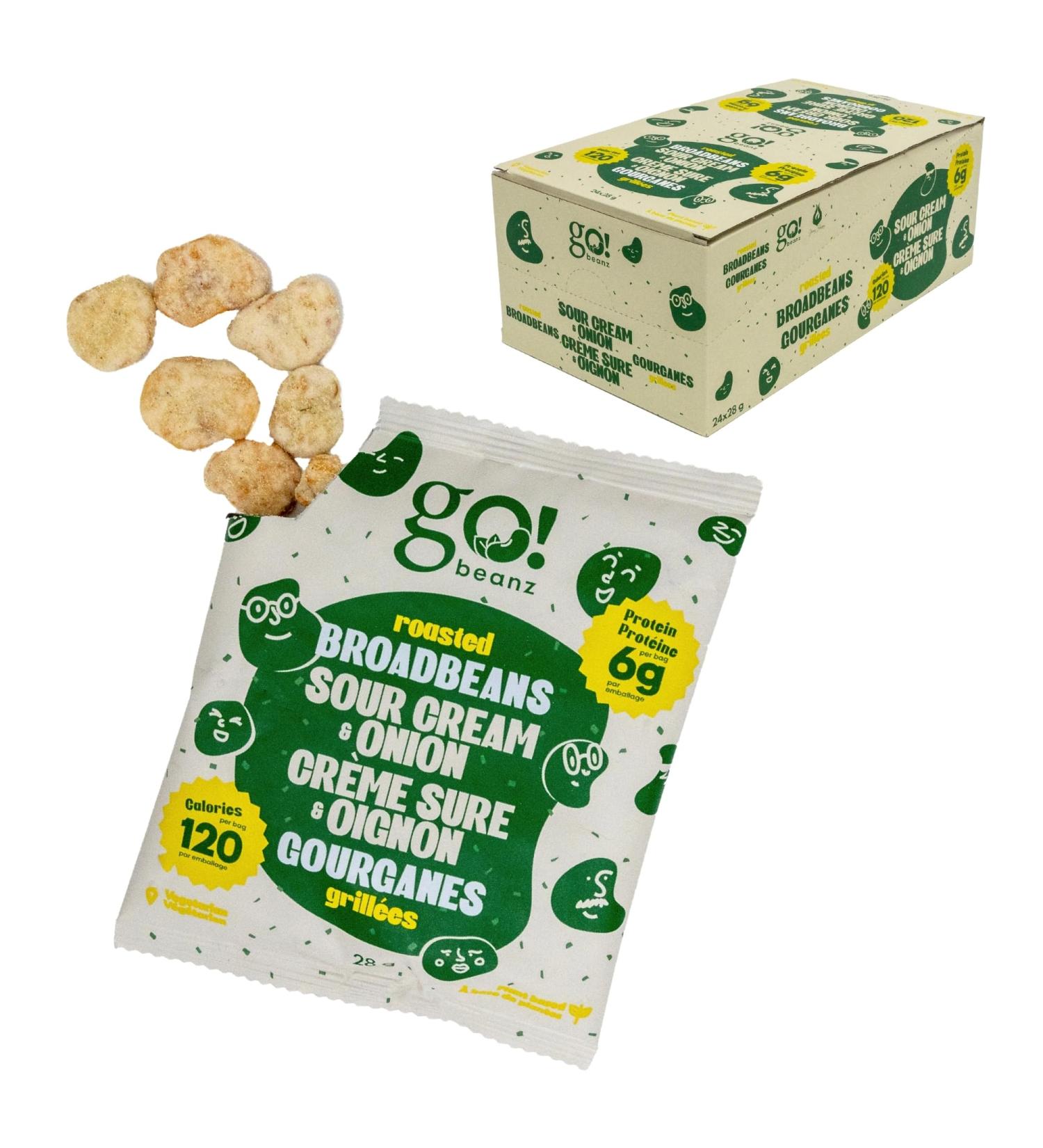 GoBeanz Crunchy Roasted Broadbeans by Jimmy Sevigny | Sour Cream & Onion | High Protein Snack | Low Calorie & Low in Sodium | Single Serve 24 Packs x 28g - Buy Online on GoSupps.com