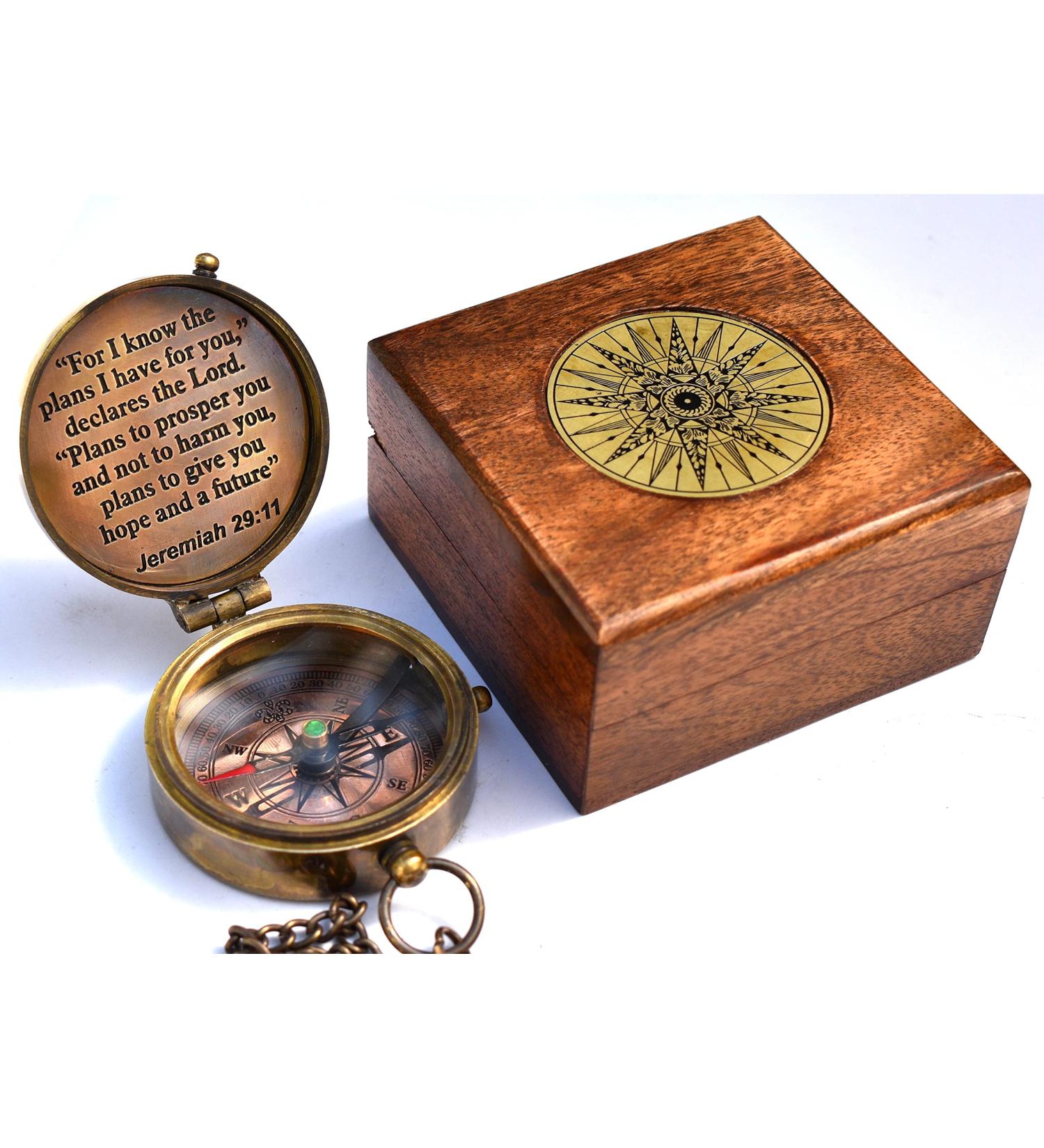 2023 Solid Brass Directional Magnetic Compass with Engraved Scripture Jeremiah 29:11 & Joshua 1:9 - Perfect Baptism Gift for Son/Father in Rosewood & Leather Case - Buy Online on GoSupps.com