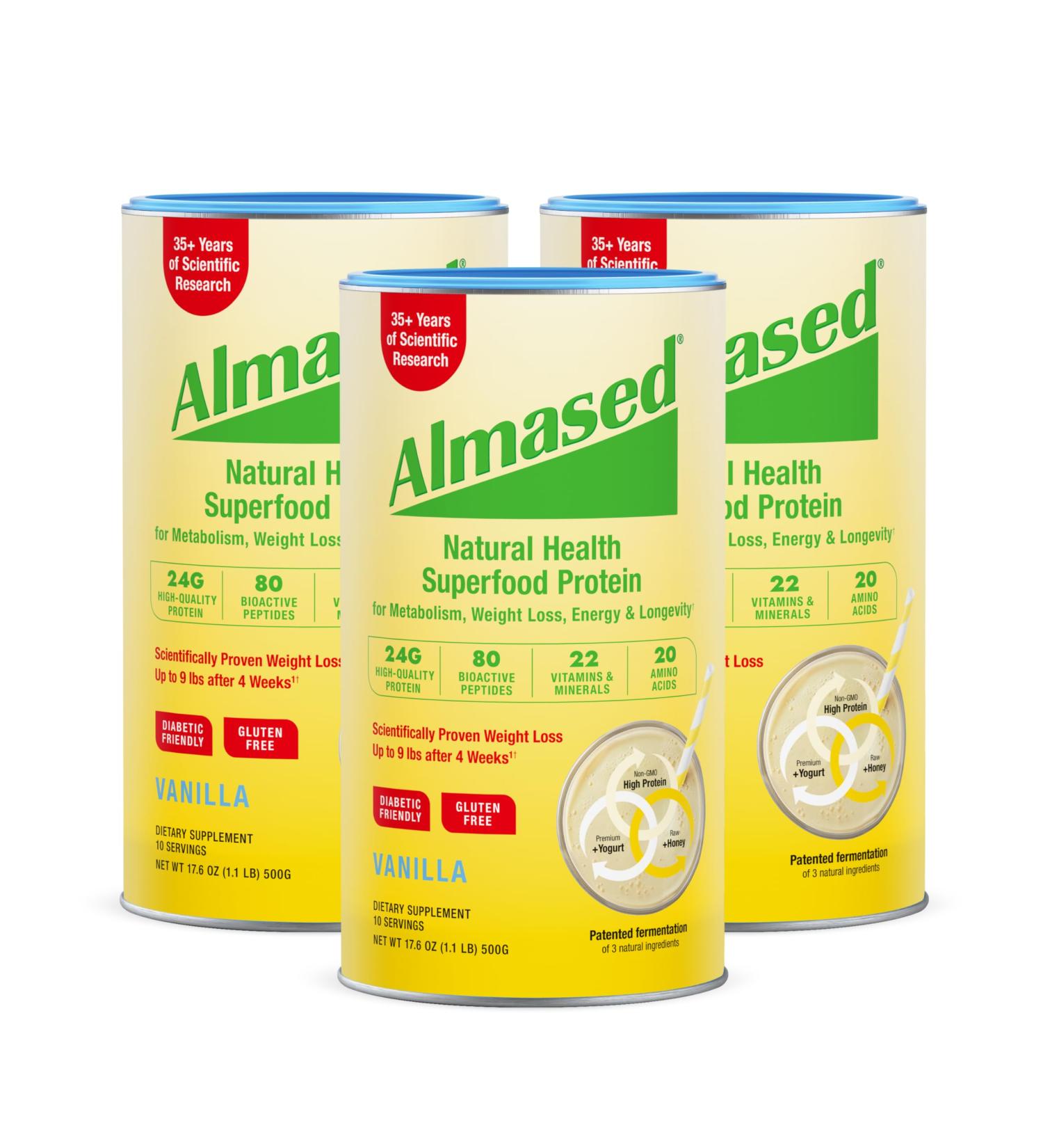 Almased Vanilla Meal Replacement Shake - Low-Glycemic High Plant Base Protein Powder- Nutritional Weight Health Support Supplement - Vanilla Flavor - 17.6 oz (1.1 Pound (3 Pack)) - Buy Online on GoSupps.com