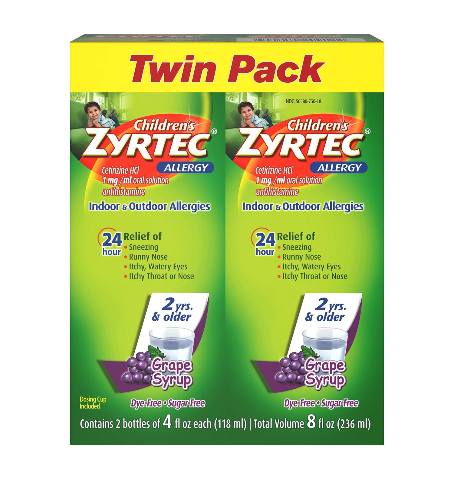 Zyrtec 24 Hr Children's Allergy Syrup - Sugar-Free Grape - Twin Pack 4 fl. oz - Buy Online on GoSupps.com