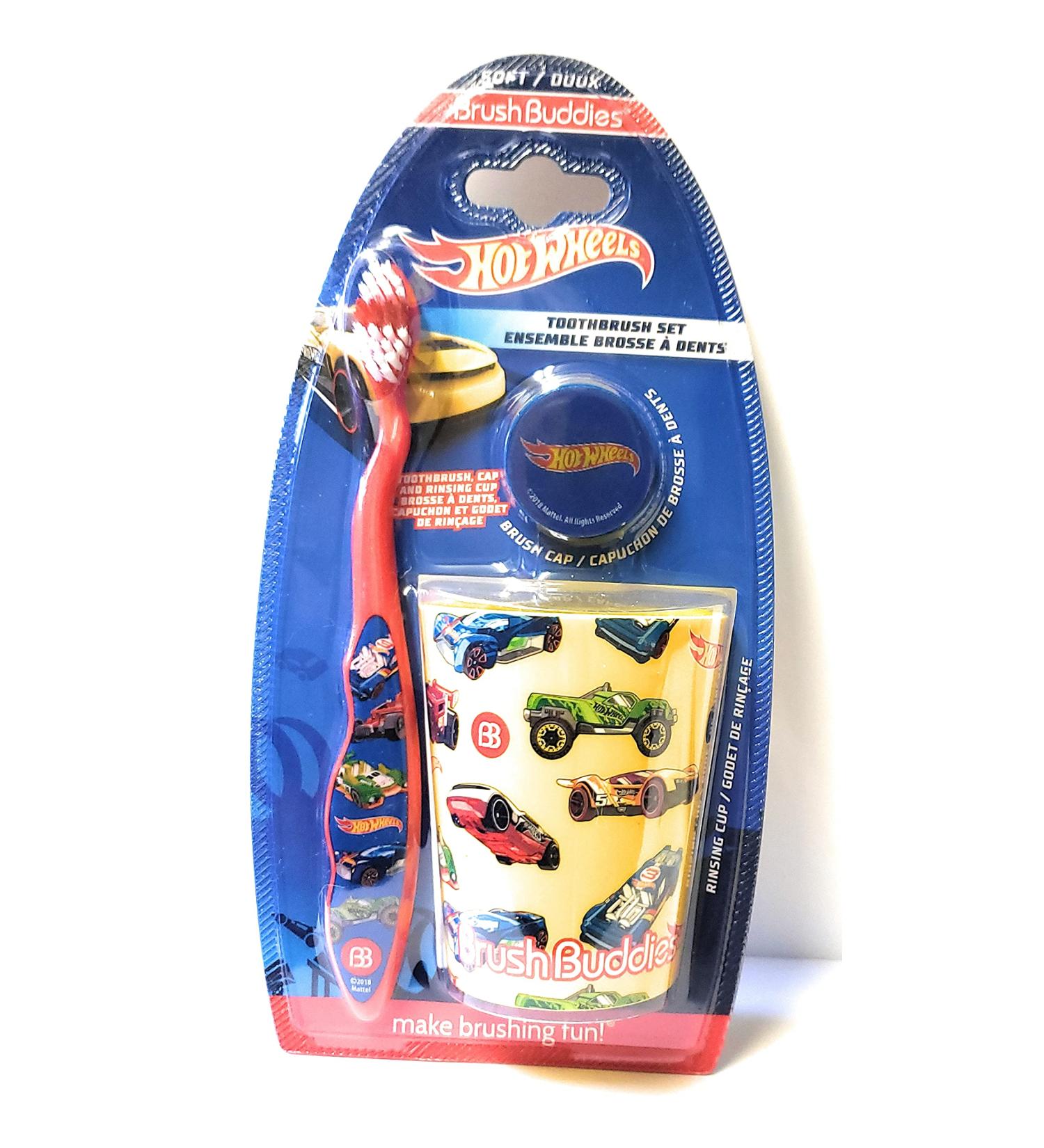 Brush Buddies Hot Wheels Kids Toothbrushes Kit, Manual Toothbrushes for Kids, Toothbrush for Toddlers 2-4 Years, Travel Toothbrush Kit with Cover and Cup, 3PC