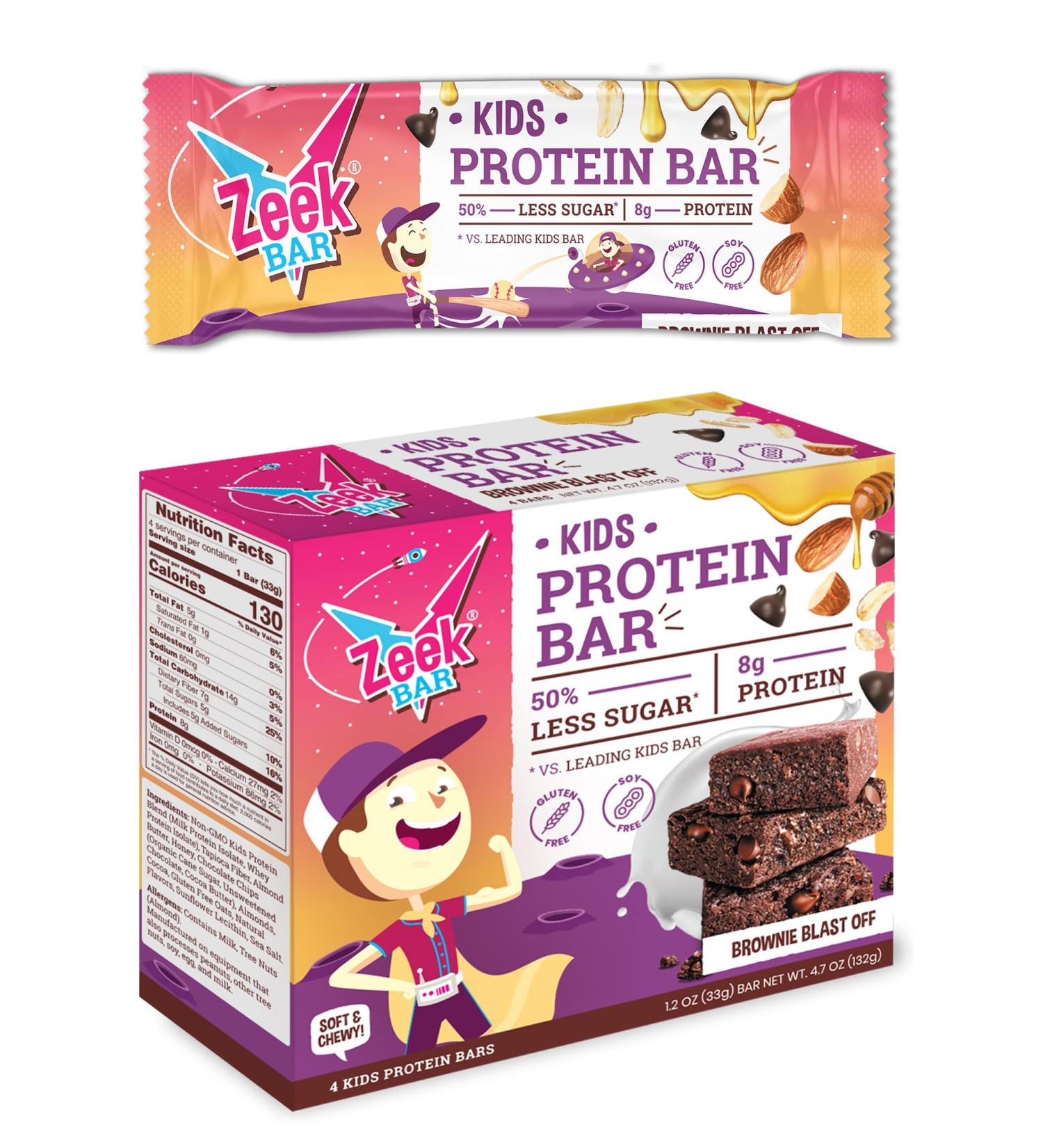 ZEEK BAR Kids Protein Snack Bars | 50% Less Sugar | 8g Protein | All Natural, Non-GMO, Gluten-Free | Brownie Blast Off | 4 Count Pack - Buy Online on GoSupps.com