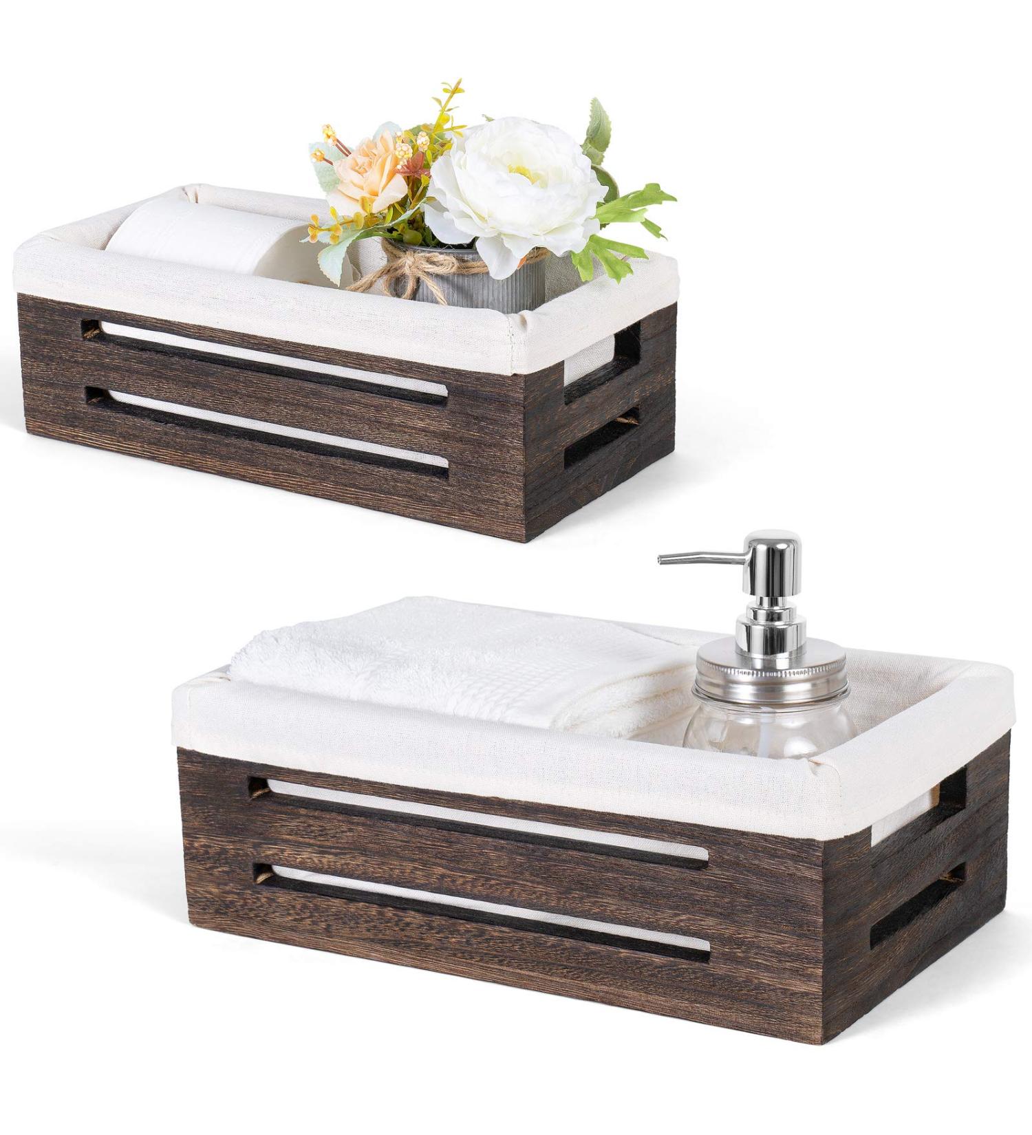 Dahey Toilet Tank Paper Basket Organizer- 2 Pack Wooden Storage Bins for Bathroom and Closet with Handles and Washable Liner - Buy Online on GoSupps.com
