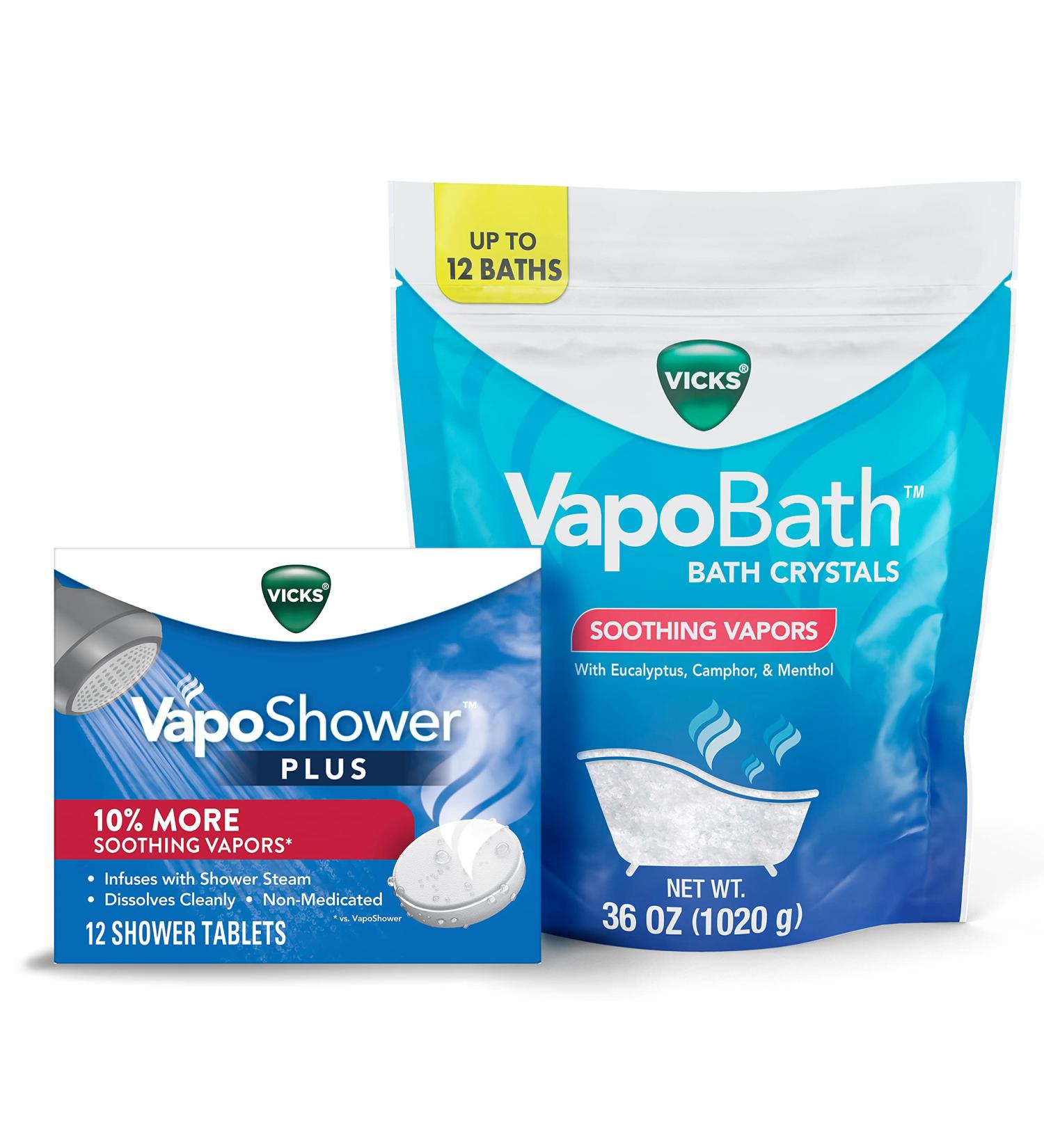 Vicks VapoShower Plus & VapoBath Bundle - Soothing Non-Medicated Vapors for Shower & Bath | 12 Tablets & 36 oz Crystals | Eucalyptus & Menthol Aromatherapy - Buy Online on GoSupps.com