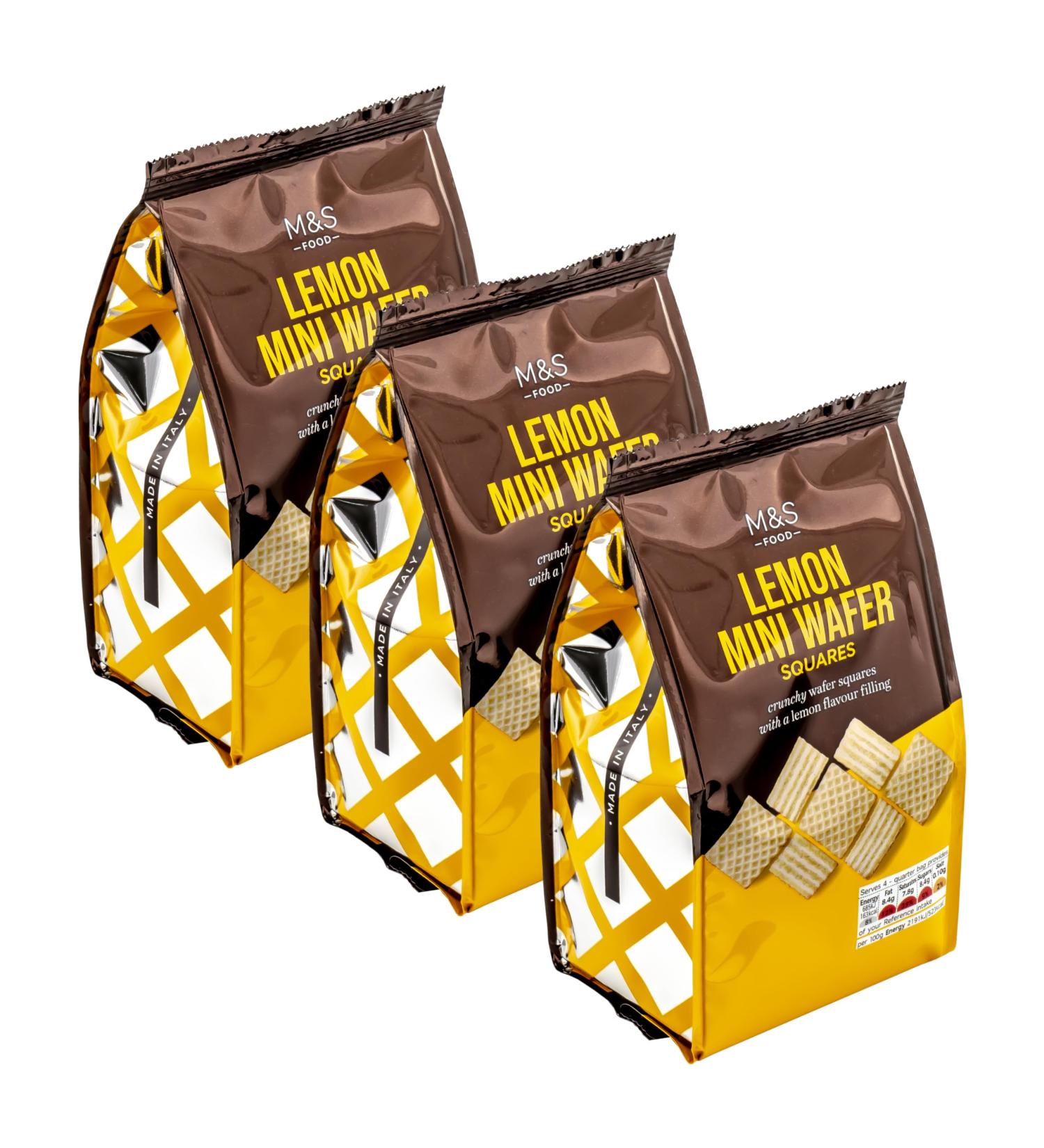 M&S Marks & Spencer Lemon Mini Wafer Squares Lemon-Flavoured Creme Filling Made in Italy 375g (3 x 125g)