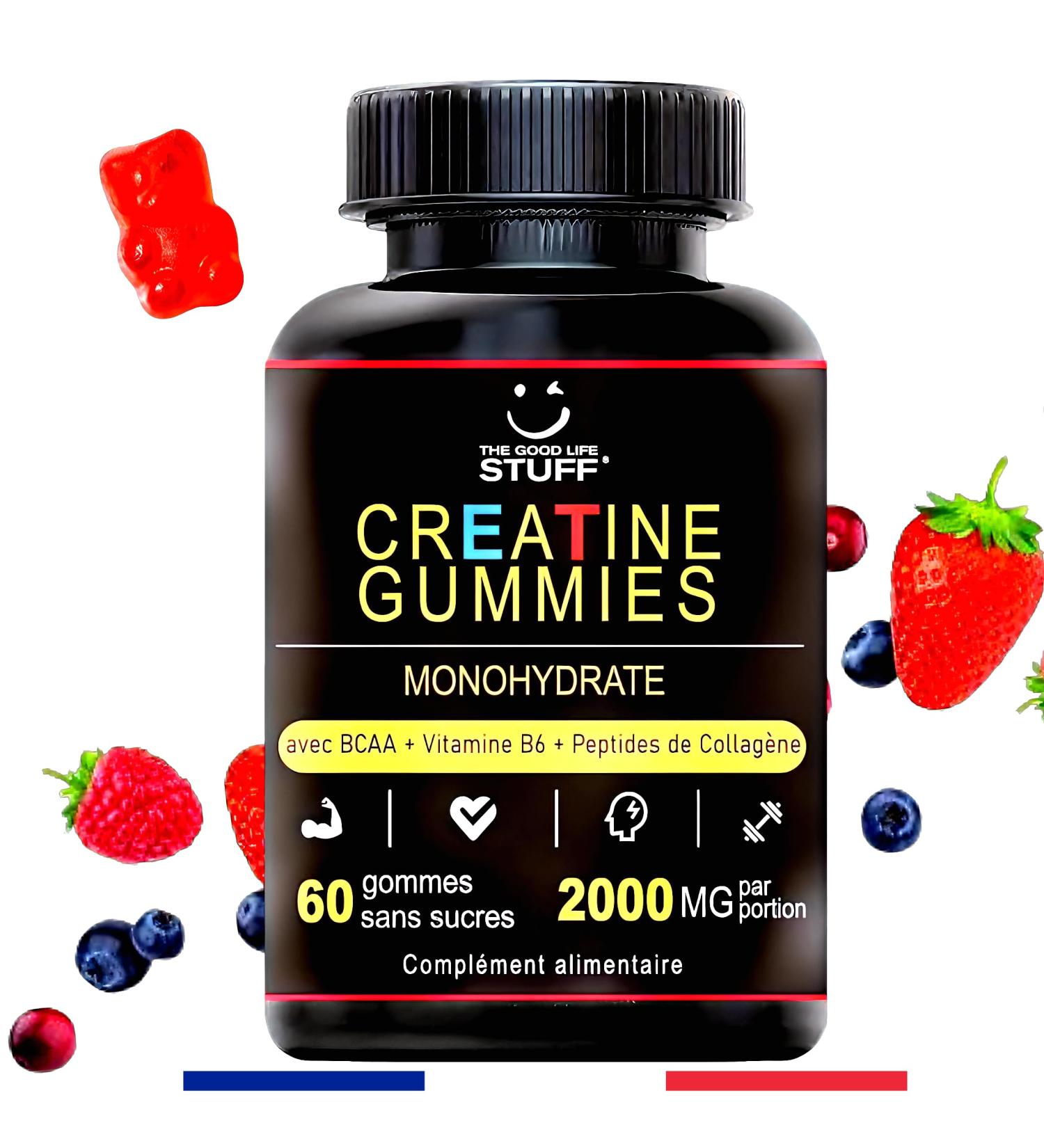 Creatine Monohydrate Gummies 2g/BCAA Pre Workout/Collagen/Vitamin B6/Bodybuilding/Sport/Fitness/Vegan/Gluten Free/Non-GMO/Sugar Free/Natural Red Fruit Flavoring/Women/Men/60 Gums Creatine/30 days - Buy Online on GoSupps.com