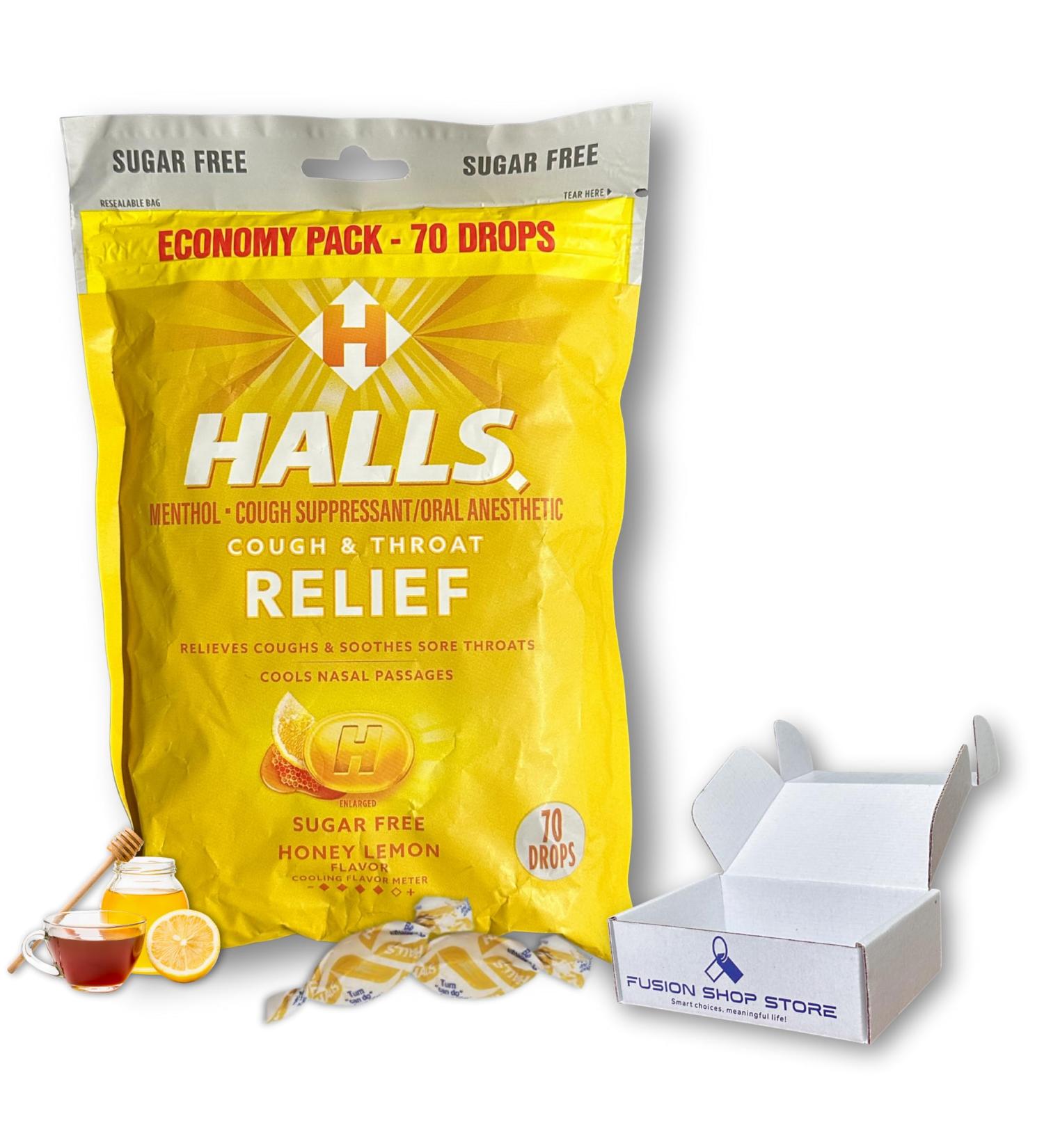 Halls Sugar Free Honey Lemon- Relief Cough Drops Economy Pack 70 Drops (1 Pack) Set with Fusion Shop Store Box (1) Small Yellow - Buy Online on GoSupps.com