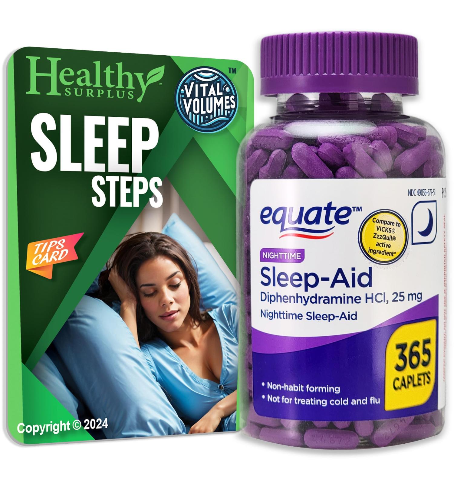 Equate Sleep-Aid Diphenhydramine HCI 25 mg 365 Caplets and Vital Volumes Sleep Steps Tips Card - Buy Online on GoSupps.com