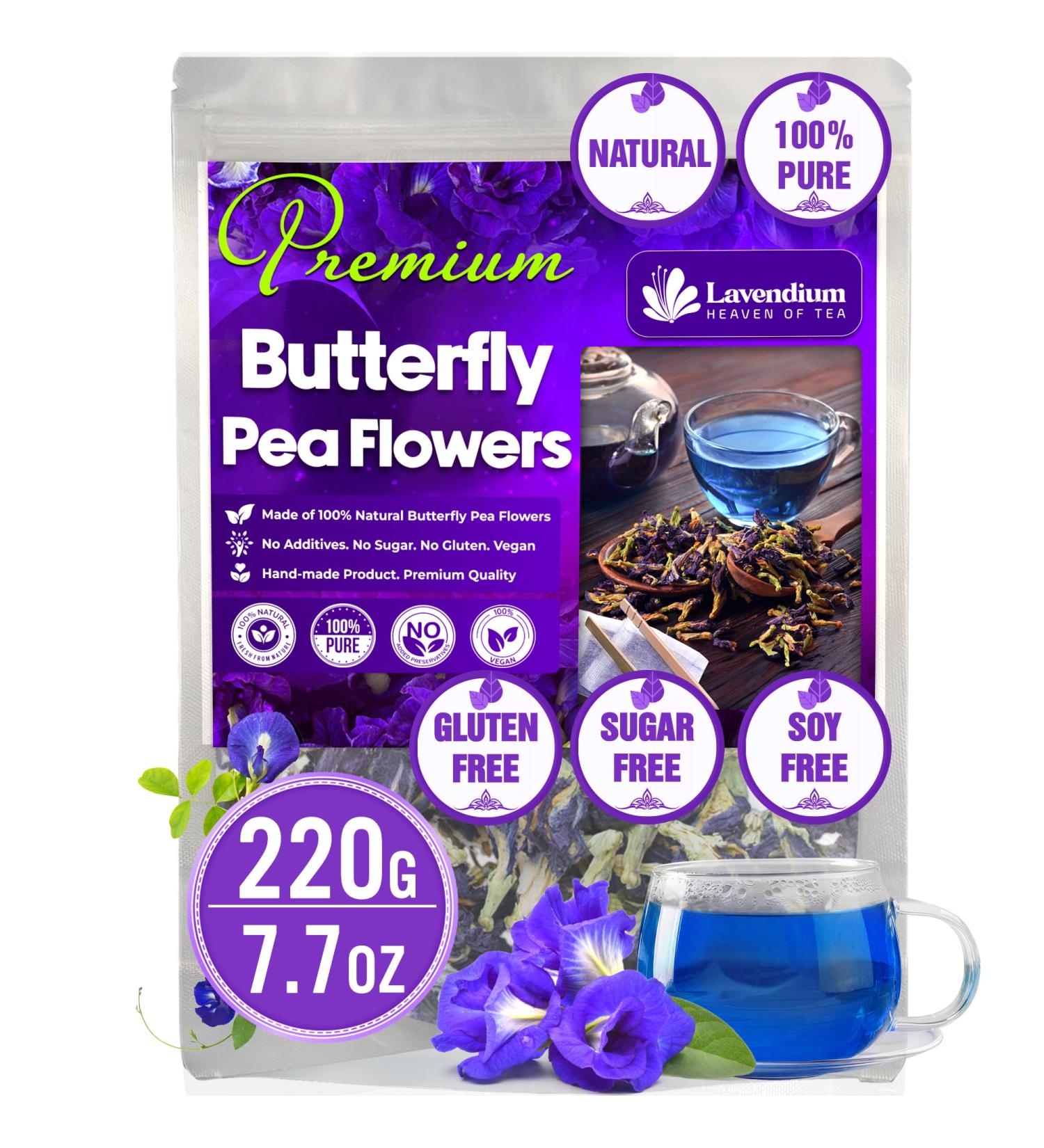 Lavendium CA Premium 220g (7.76oz) Blue Butterfly Pea Flowers 100% Natural & Pure from Blue Butterfly Pea Flowers Dried Wildcrafted Blue Pea Flowers Tea Butterfly Pea Flowers Loose Leaf Herbal Tea No Gluten Vegan - Buy Online on GoSupps.com