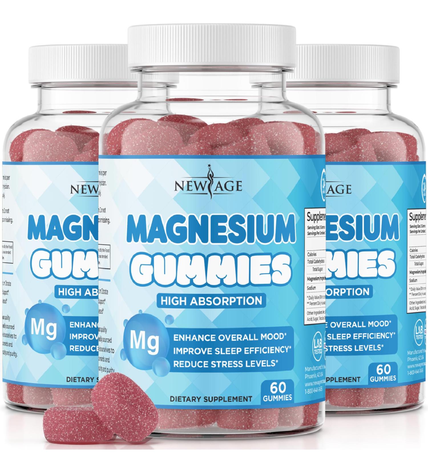 Magnesium Gummies - Calming Anti-Stress Gummies, Magnesium Supplement for Adults and Kids, Vegan, Gelatin-Free, Gluten-Free, Non-GMO, Delicious Natural Raspberry Flavor- 180 Count - by New Age 60 Count (Pack of 3) - Buy Online on GoSupps.com