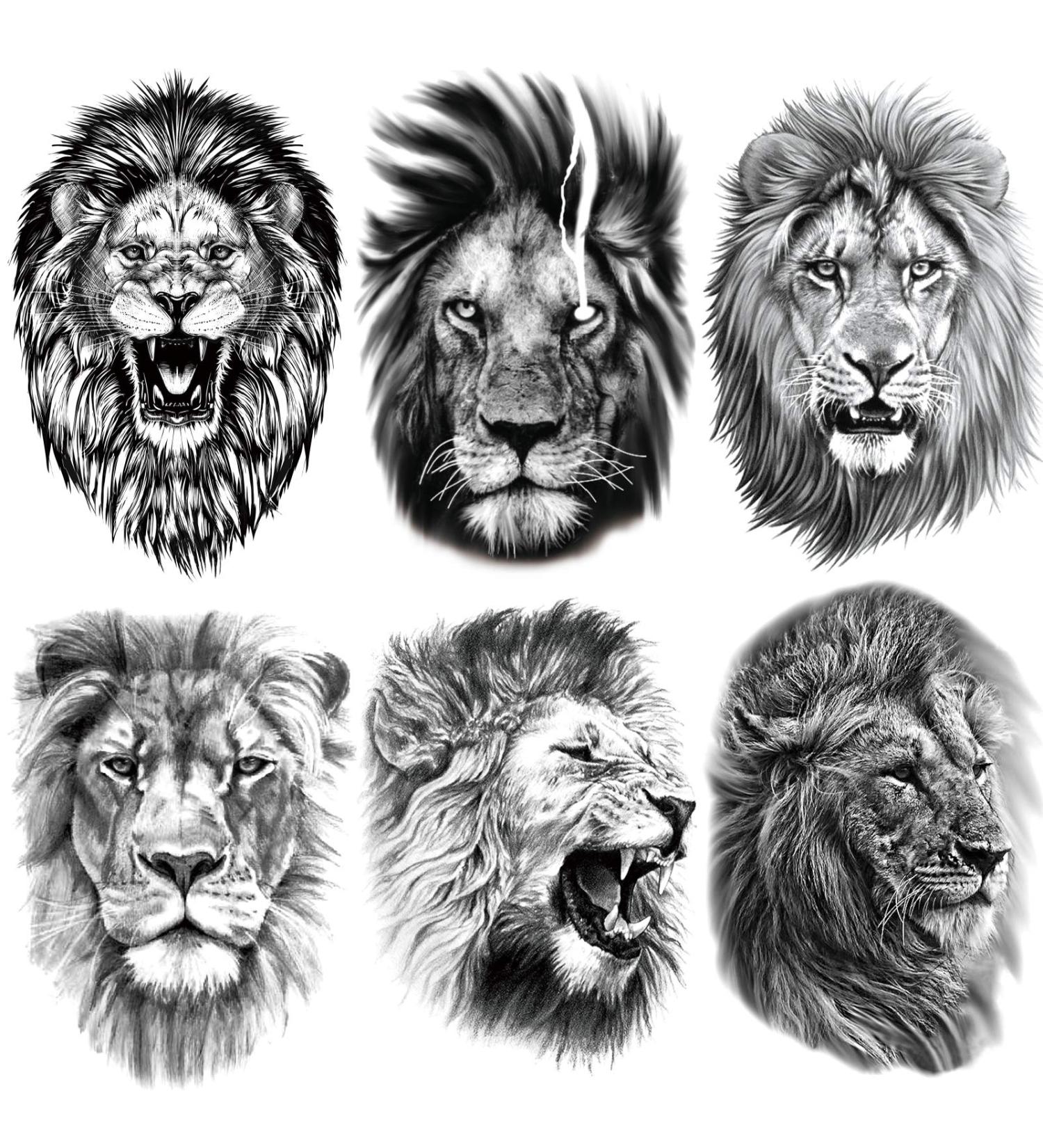 Kotbs 6 Sheets Large 3D Black Lion Face Temporary Tattoos for Men Women, Half Arm Sleeve Tattoo Stickers for Teens Adults, Waterproof Black Lion King Fake Tatoo Lions Black (6 Sheets)
