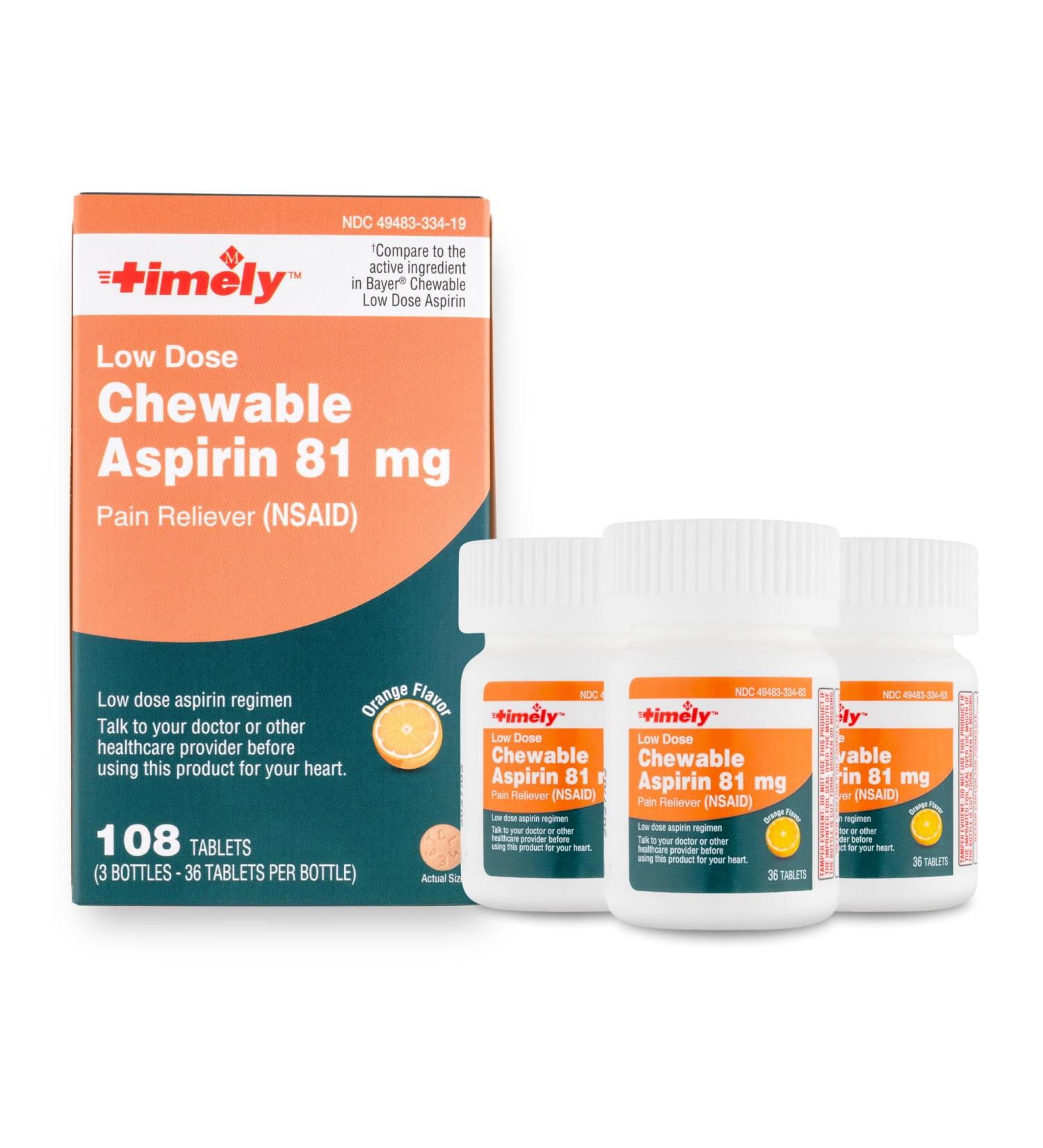TIME-CAP LABS Timely Chewable Aspirin 81mg - 108 Tablets Low Dose Orange Flavor - Compare to Bayer - 3 Pack for Adults - Buy Online on GoSupps.com