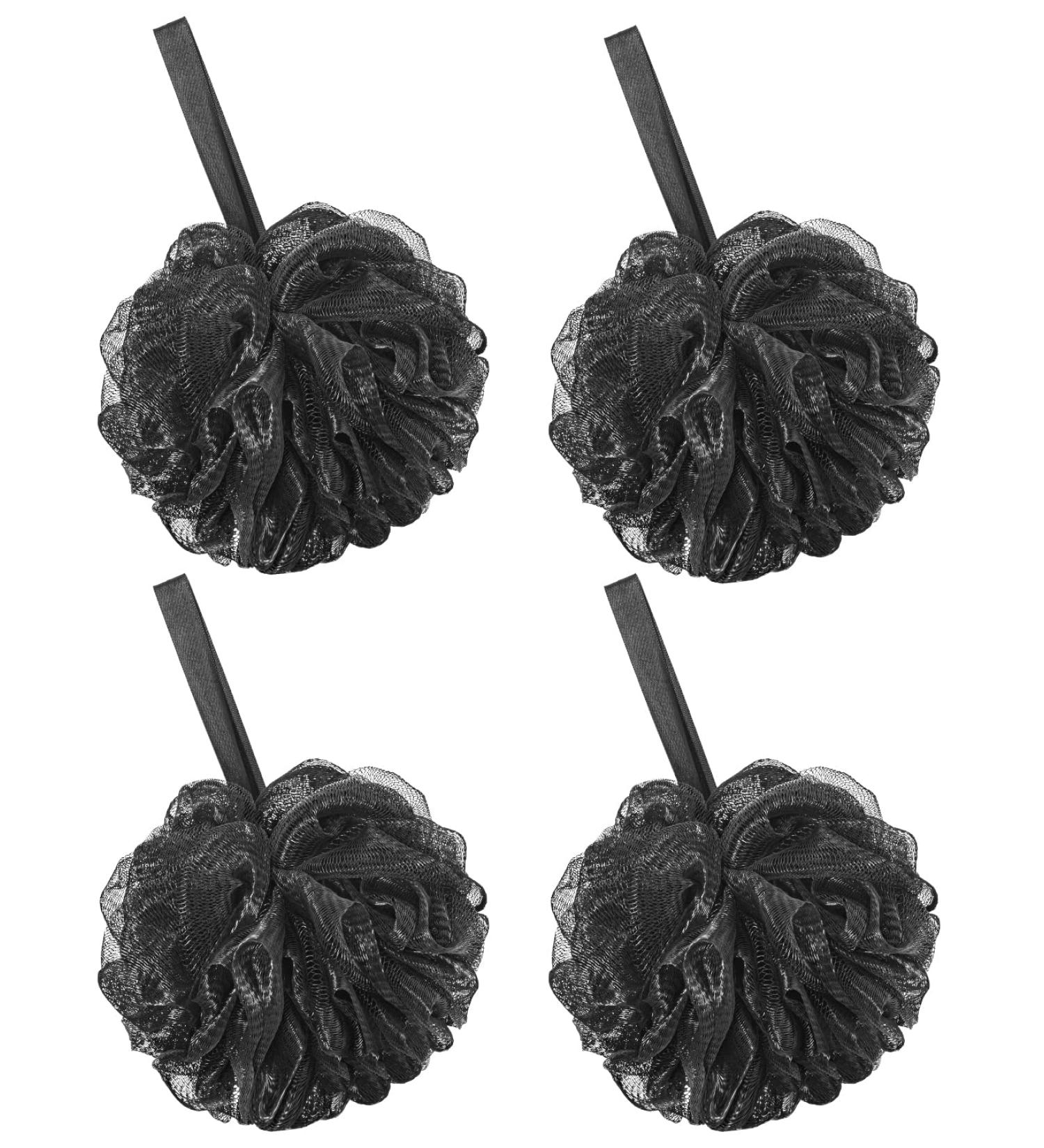 Aquior 4-Pack Black Shower Sponge Puffs - Large Mesh Loofahs for Ultimate Foaming Body Scrub - Buy Online on GoSupps.com