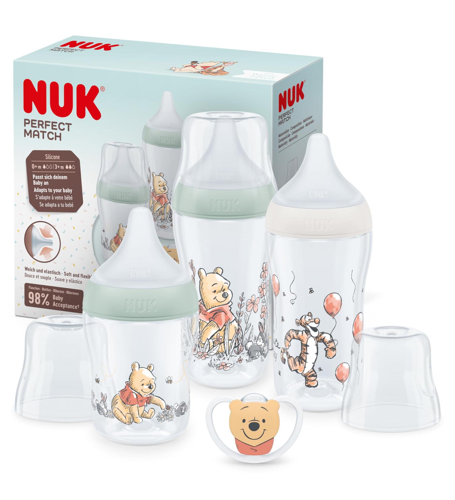 Nuk Perfect Match Baby Bottle Set - 0 Months+ | 3 Anti-Colic Bottles & Space Pacifier | BPA-Free | Disney Winnie Pooh | 4 Piece Set for Happy Feeding - Buy Online on GoSupps.com