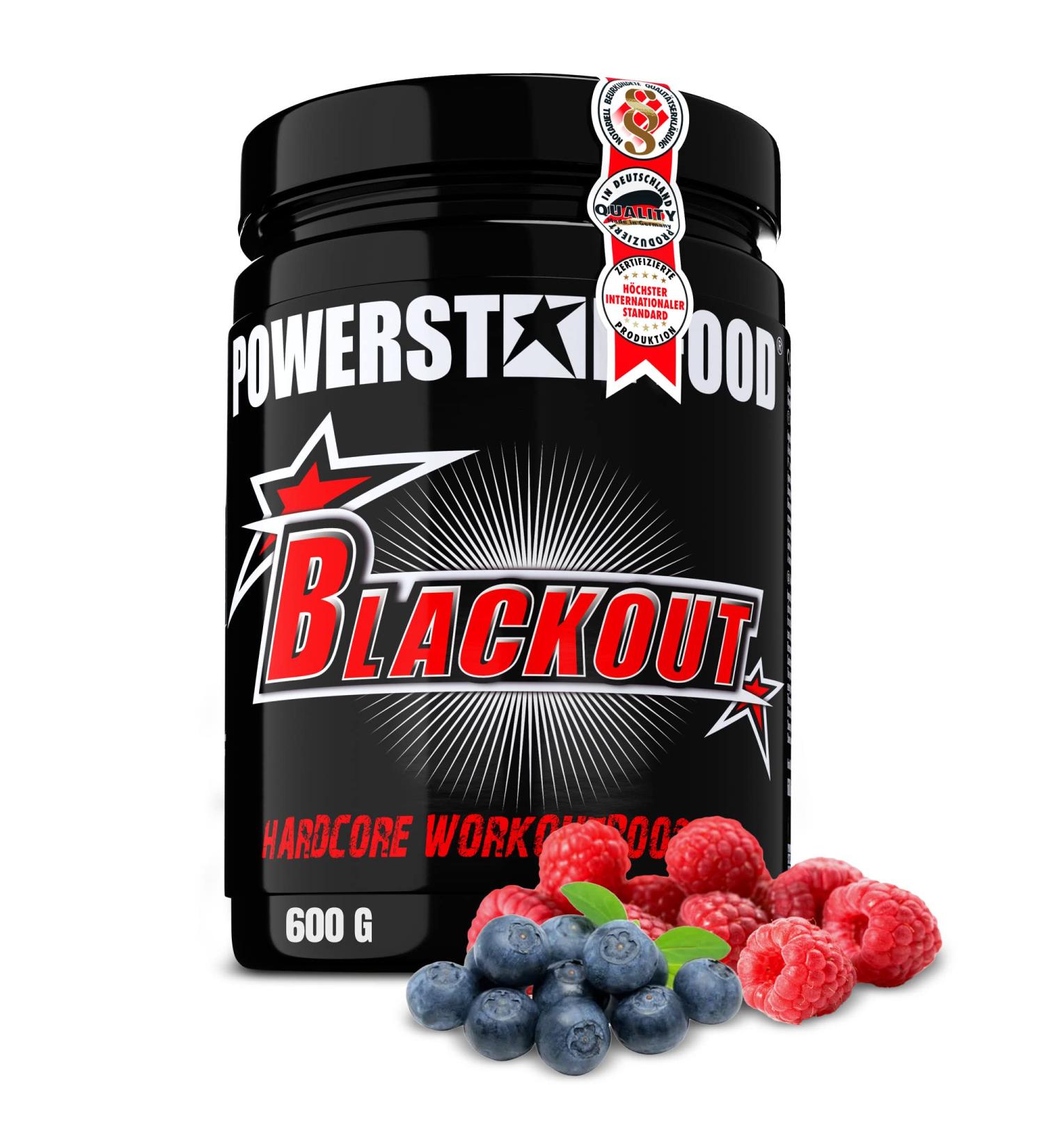 Powerstar Blackout Hardcore Pre-Workout Booster 600G | Vegan Energy & Focus | High-Dose Pump with Natural Caffeine | German Quality | Blue Raspberry Flavor - Buy Online on GoSupps.com