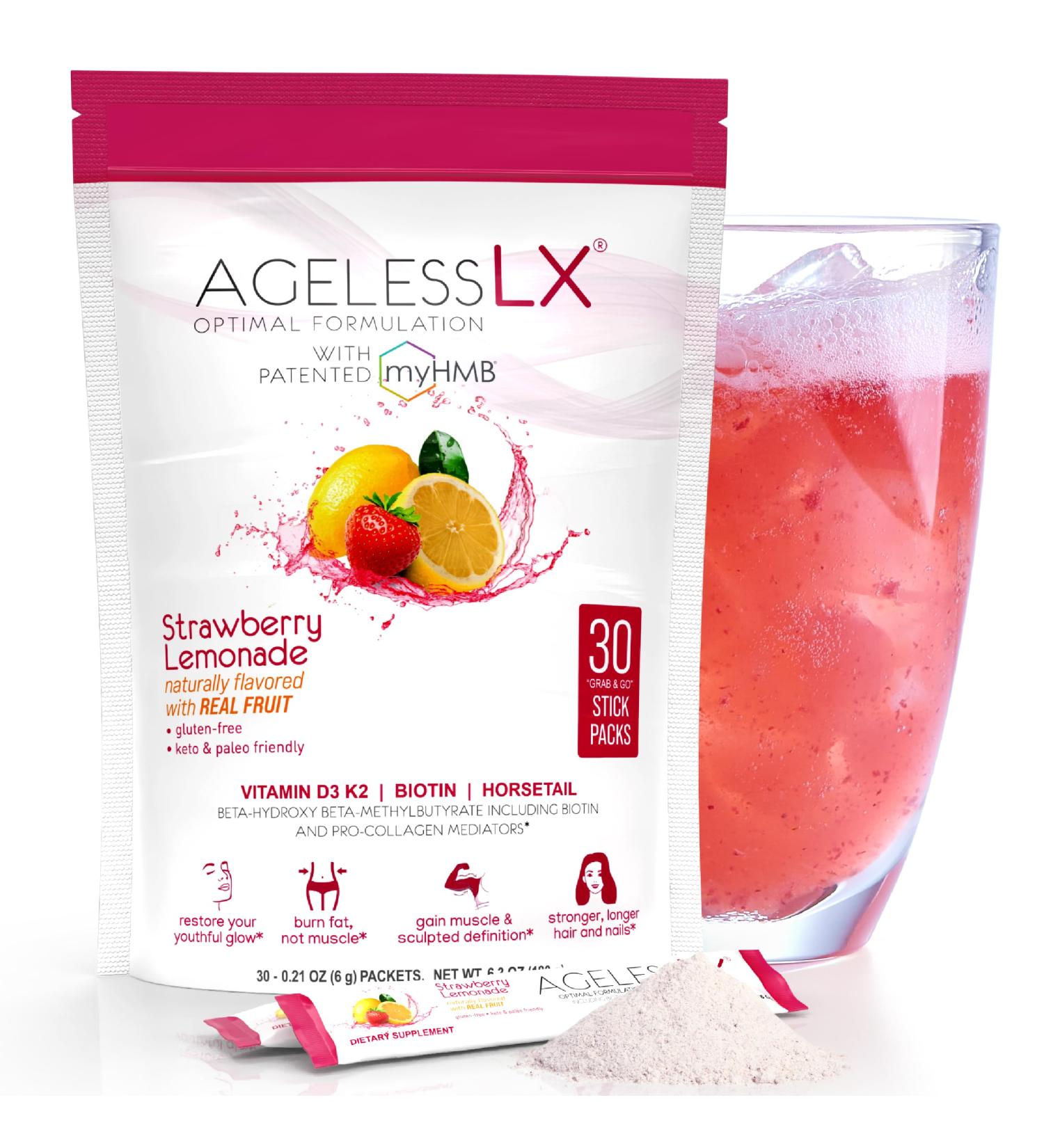 AgelessLX Powder Supplement for Women - with HMB Collagen Enhancer Plus Vitamin D3 with K2, Horsetail and Biotin for Lean Muscle and Stronger Hair and Nails - 30 Powder Packets Strawberry Lemonade - Buy Online on GoSupps.com