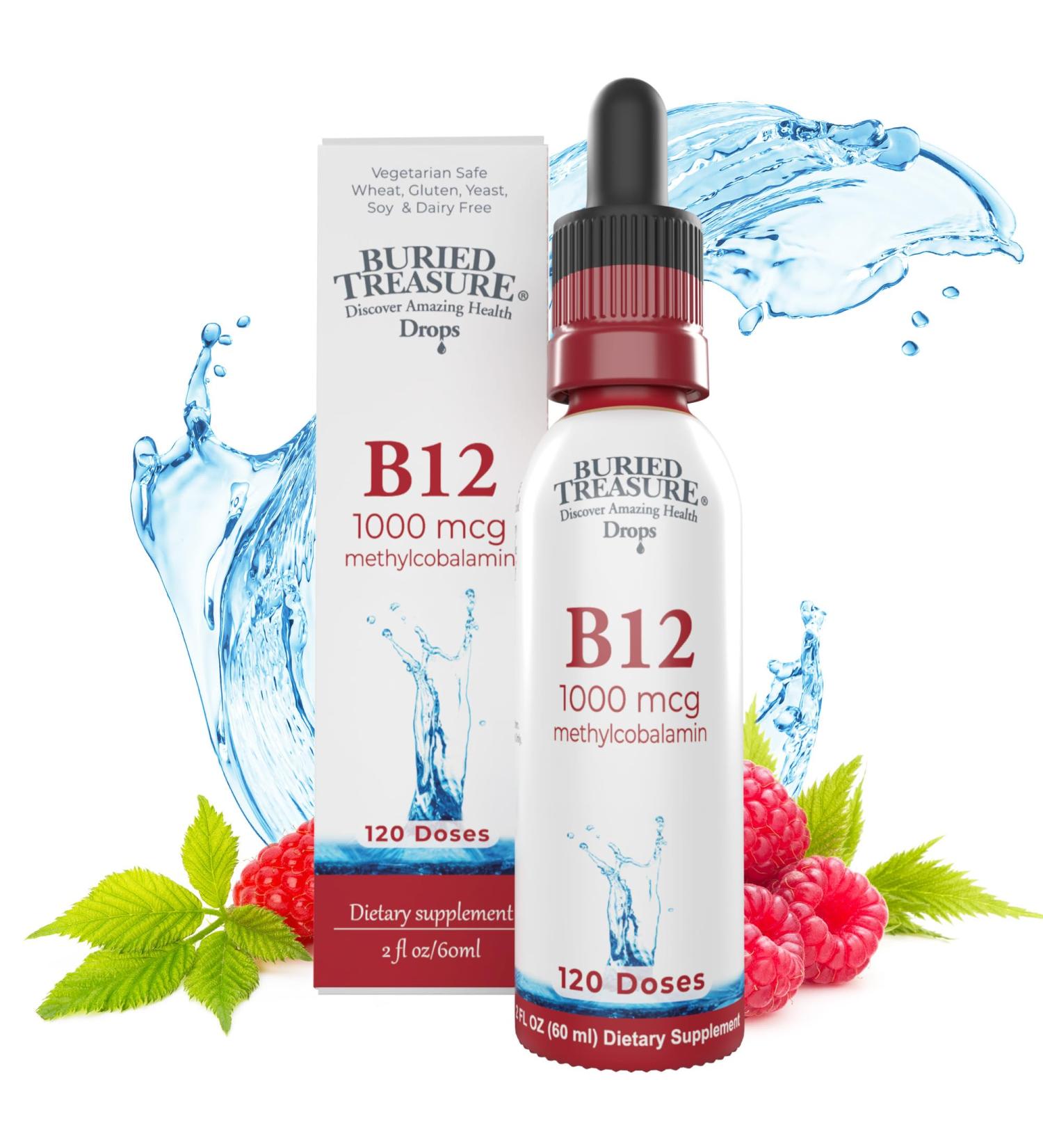 Buried Treasure B12 Drops - 1000mcg Vitamin B12 Methylcobalamin per Serving, 120 Servings - Sublingual B12, Alcohol-Free, Vegan, Raspberry Flavor, 2 oz Bottle, Graduated Dropper Accurate Dosing - Buy Online on GoSupps.com