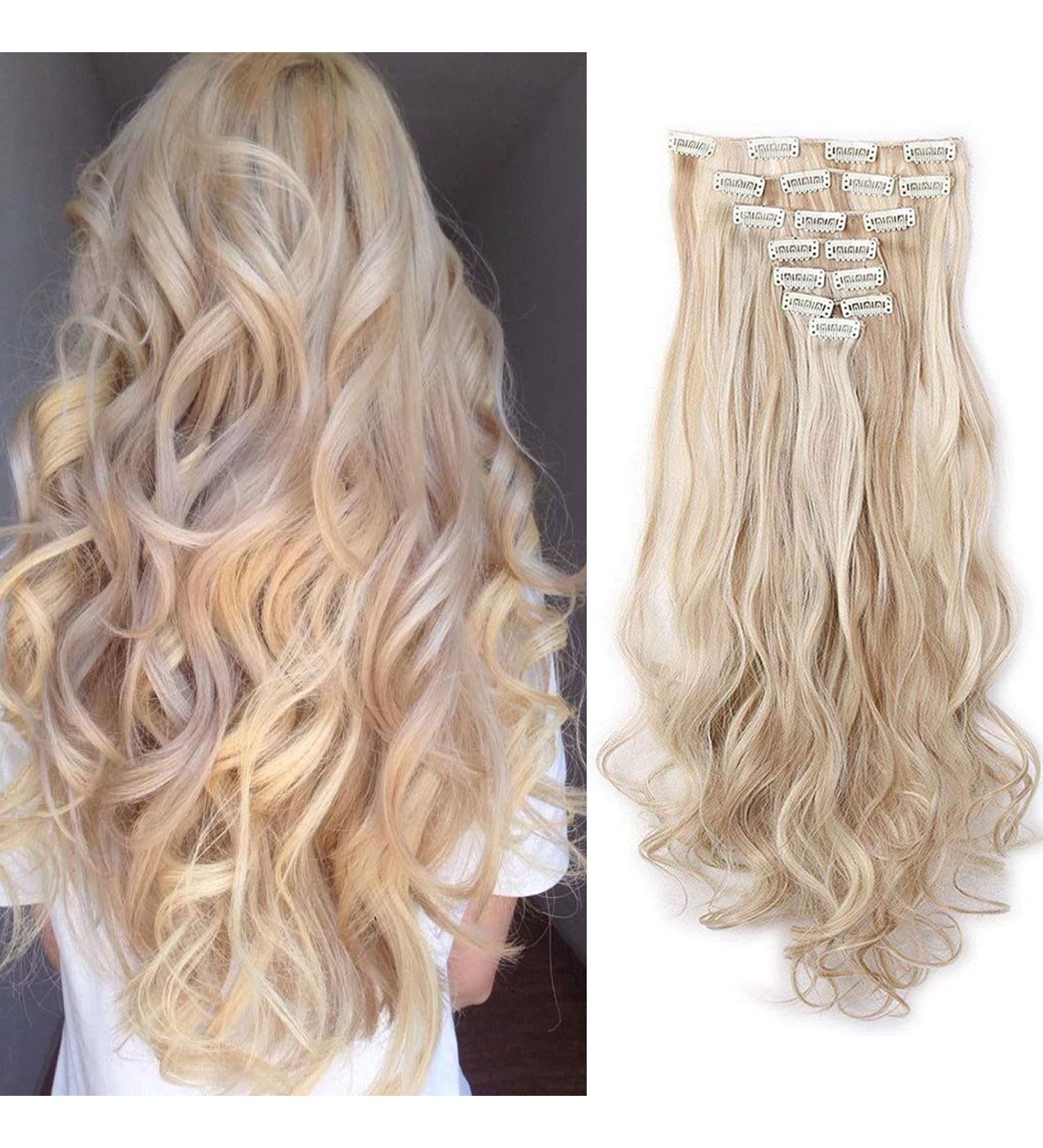 Clip-In Hair Extensions - 60cm Wavy Synthetic & Real Hair - 18 Clips for Full Head - Sandblond & Bleach Blonde - Buy Online on GoSupps.com