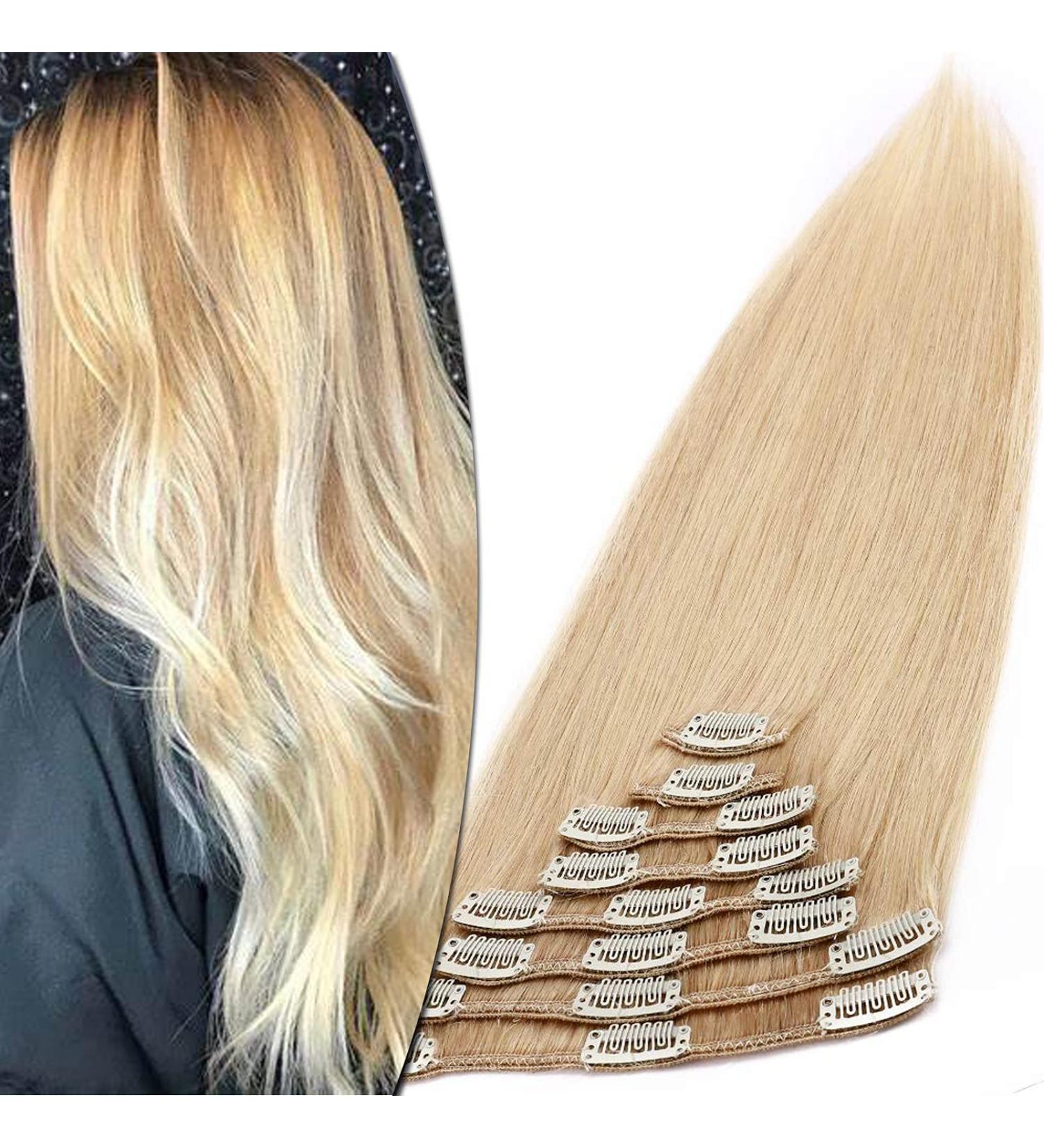 10 inch Real Hair Clip in Hair Extensions 100% Remy Human Hair Full Head Silky Straight Short Hair 8 Pieces 18 Clips Hair Extension(75g #24 Natural Blonde) - Buy Online on GoSupps.com