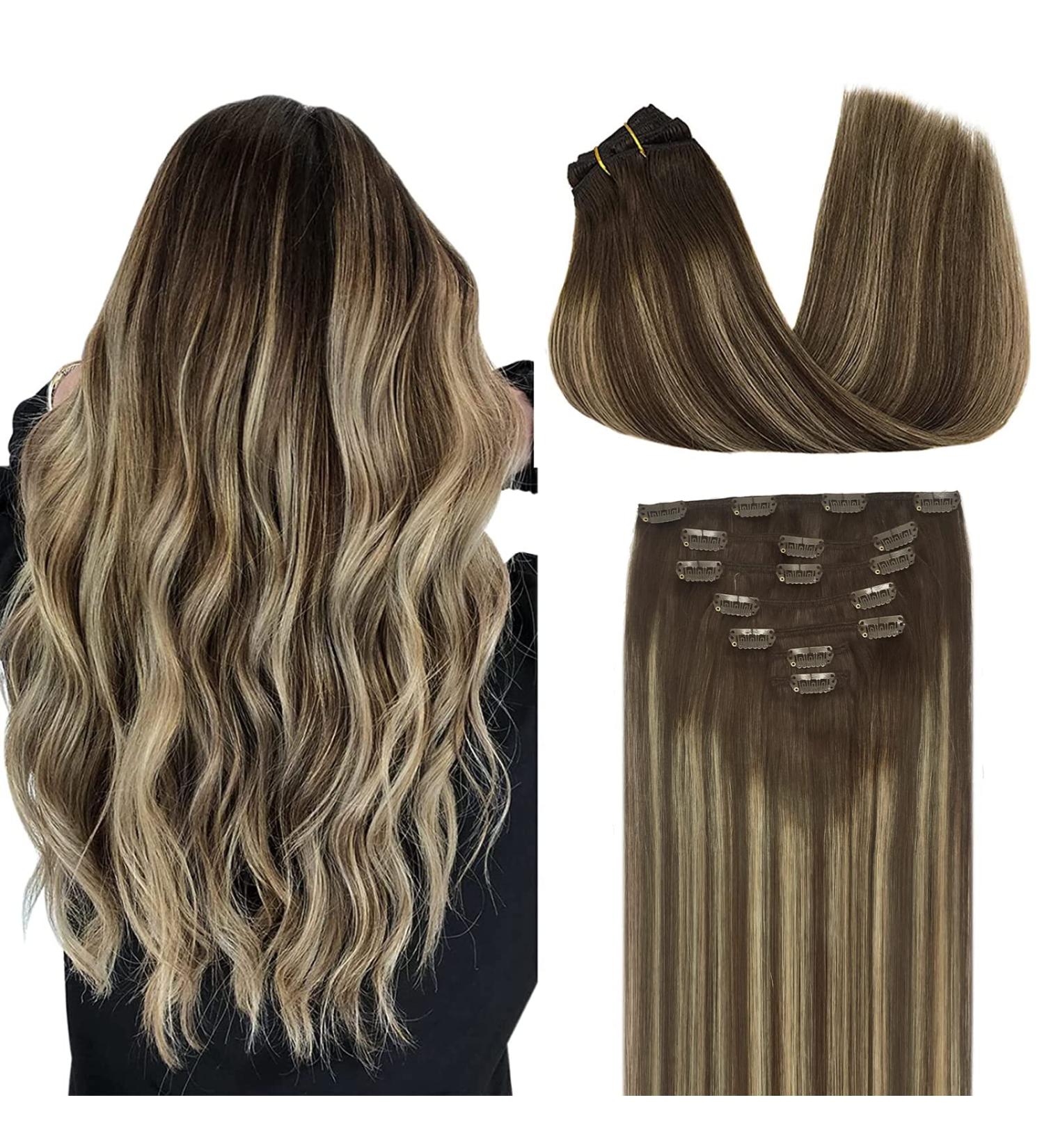 Doores Real Hair Extensions Clip In | Balayage Chocolate Brown to Honey Blonde | 30cm 12 Inch 80g Remy Hair | Thick Straight Real Hair Clips - Buy Online on GoSupps.com