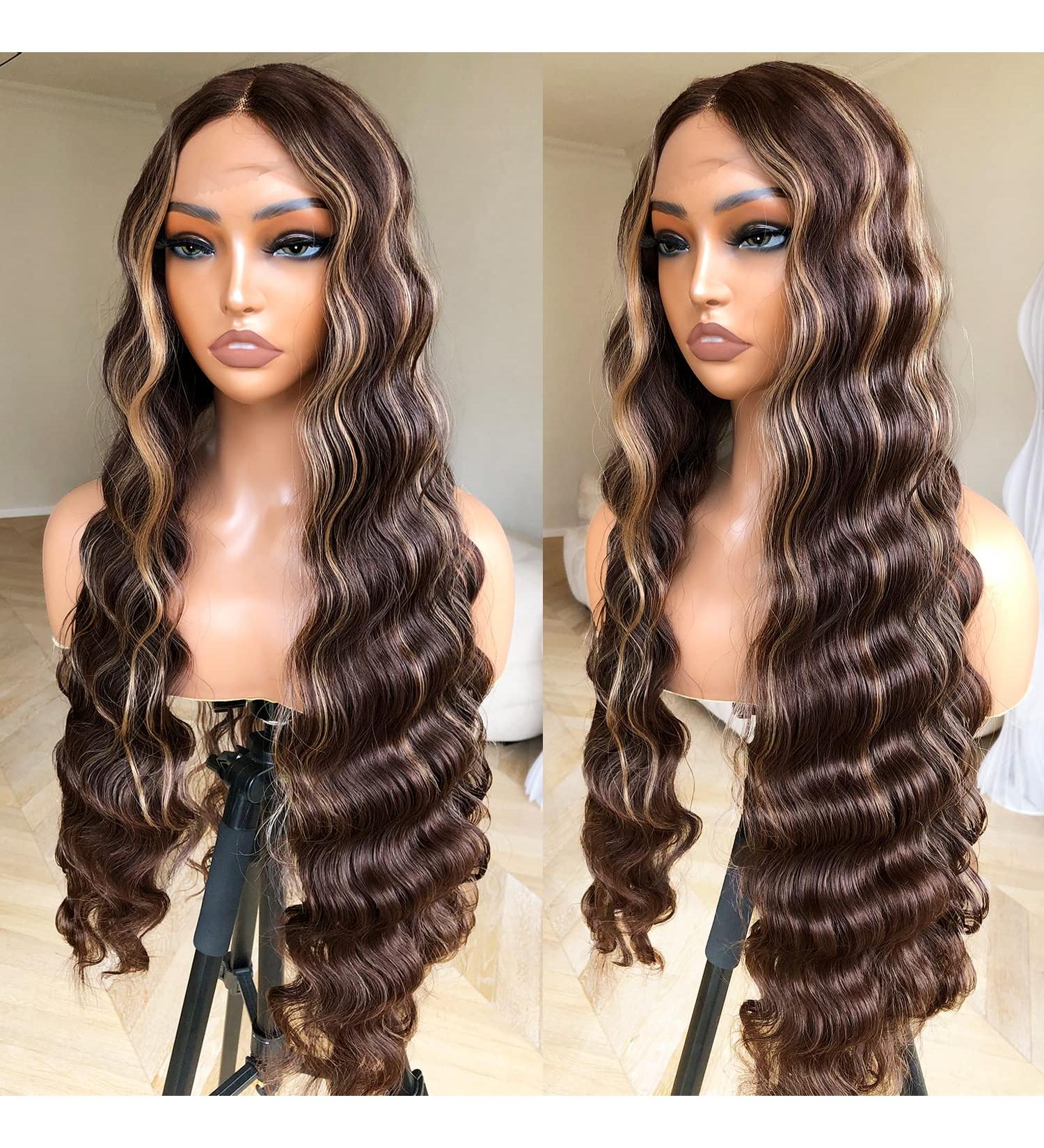 BlackSwern 30 Honey Blonde Highlight Deep Wave Lace Front Wig - HD Lace, Pre Plucked, Glueless - 30 Long Ombre Crimps Hair Synthetic Wig for Black Women - Buy Online on GoSupps.com