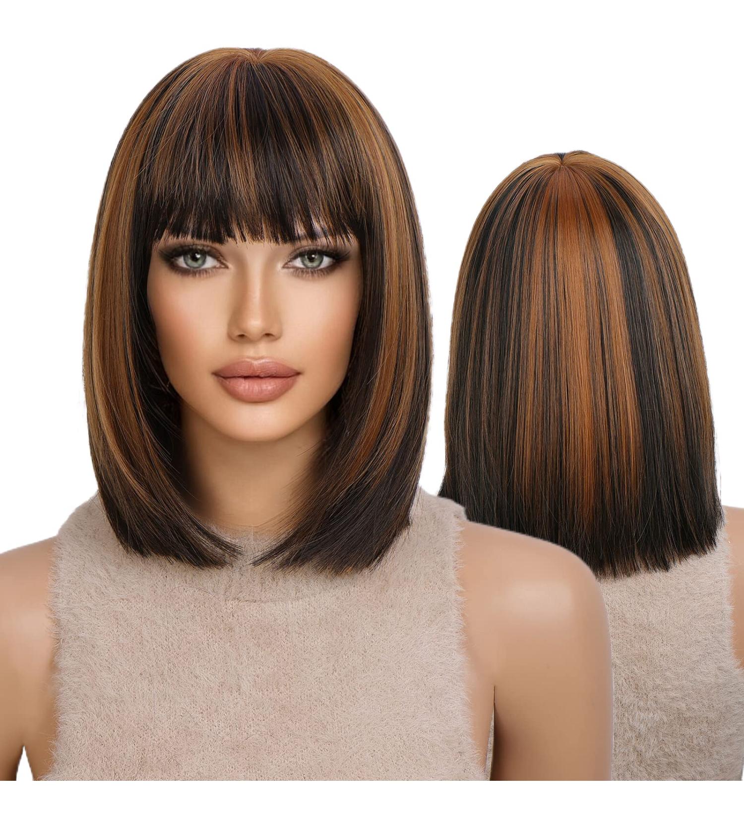 KOME Short Bob Wig for Women - Brown Blonde Highlight Shoulder Length Synthetic Wig with Bangs for Daily Use - 12IN - Buy Online on GoSupps.com