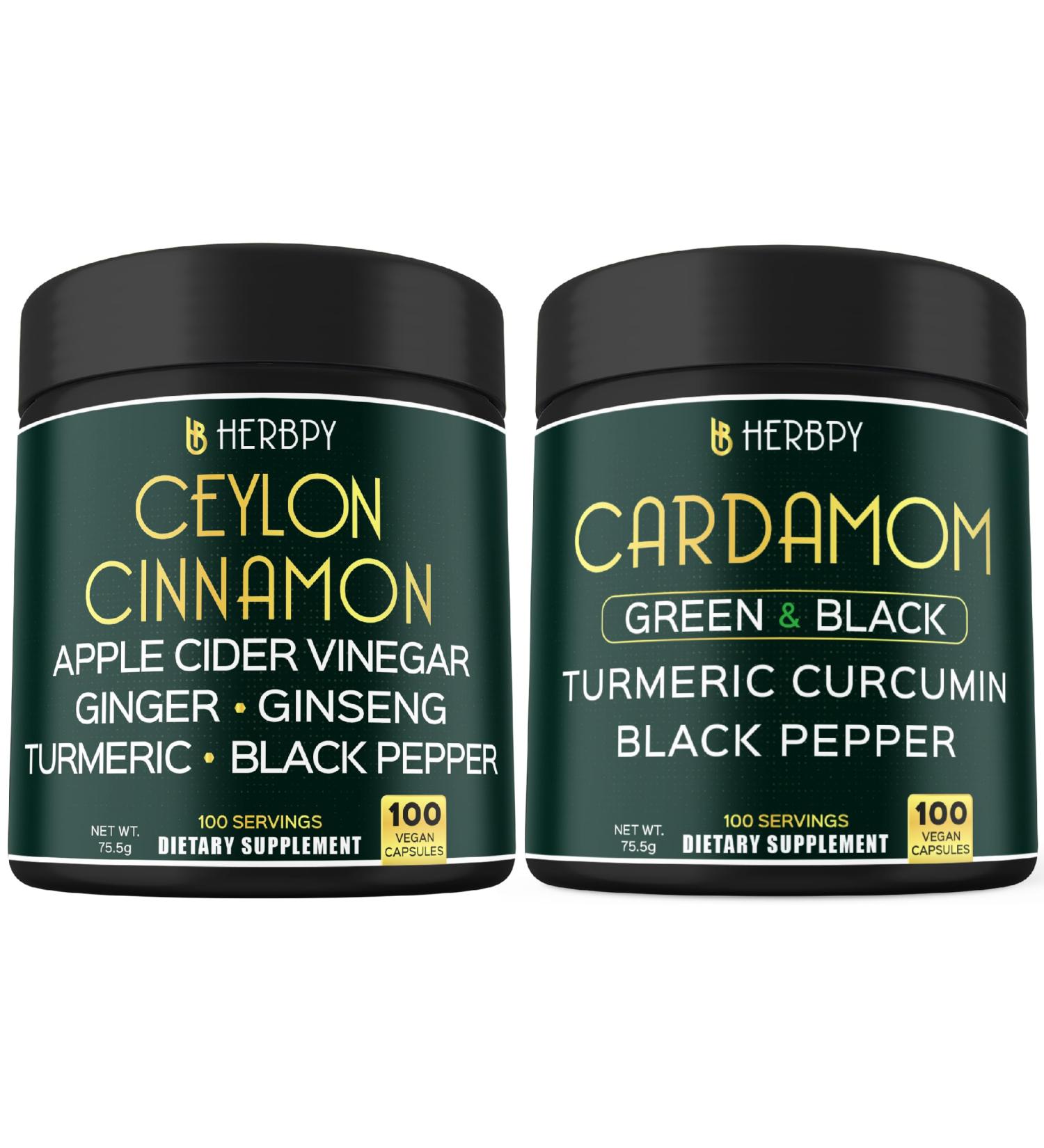 Herbpy Bundle 6in1 Premium Ceylon Cinnamon Supplements 100 Count & 4in1 Cardamom Capsules 100 Count - for Digestion Heart Health and Natural Wellness - Buy Online on GoSupps.com
