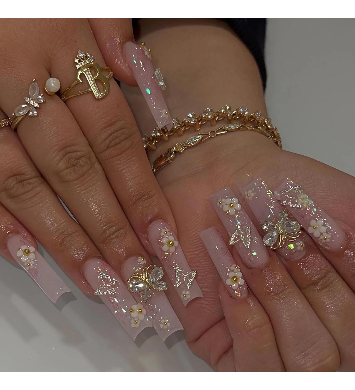 Buy BABALAL Square Press on Nails - Long Pink Glue on 3D Butterfly Flower Charm Acrylic Nails - 24Pcs Glitter Squoval Manicure for Women & Girls - Buy Online on GoSupps.com