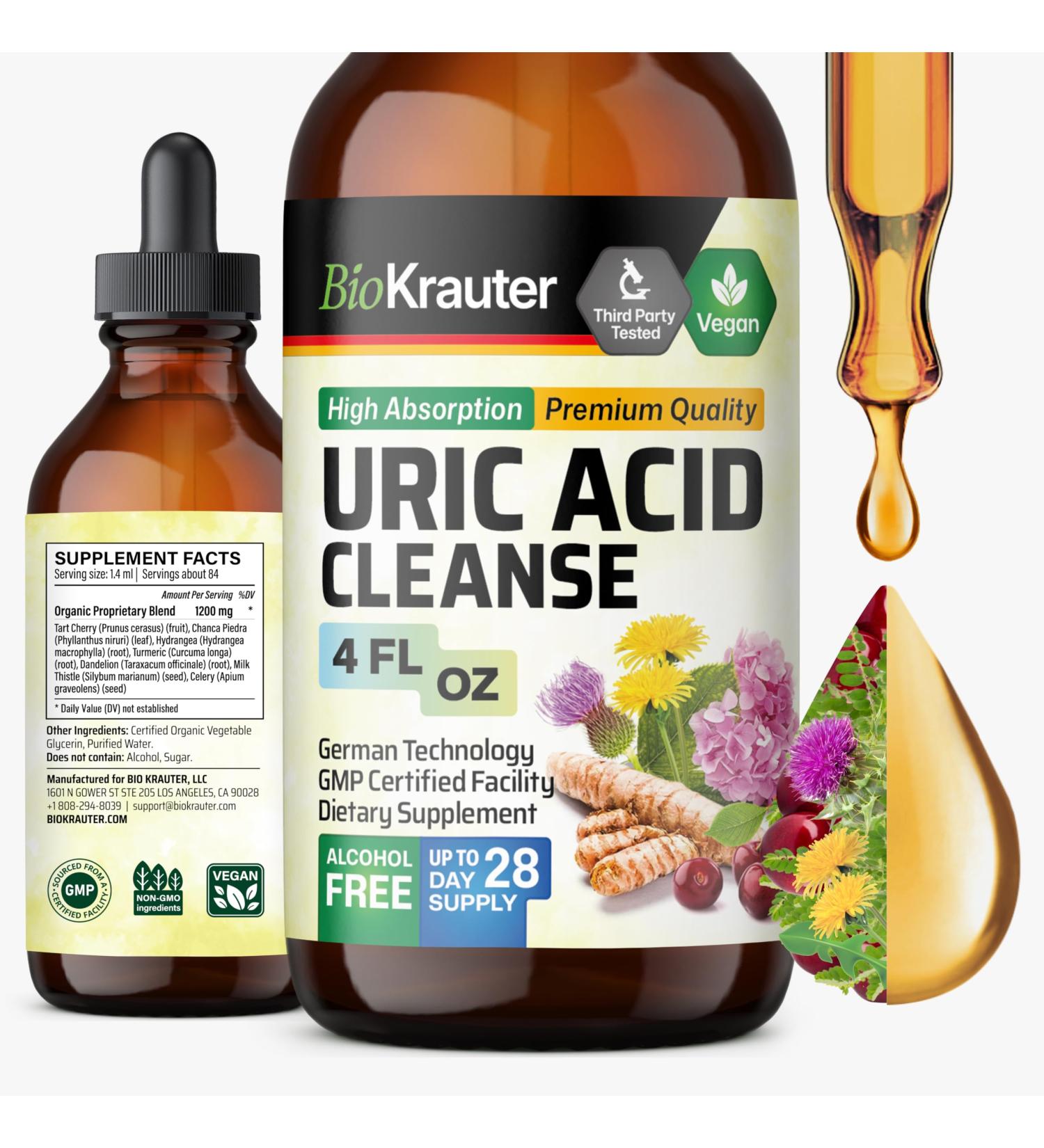 BIO KRAUTER Uric Acid Support Tincture - Natural Kidney Supplement w/Tart Cherry Milk Thistle Turmeric Herbal Liquid Extracts - Vegan Drops 4 Fl.Oz. - Buy Online on GoSupps.com