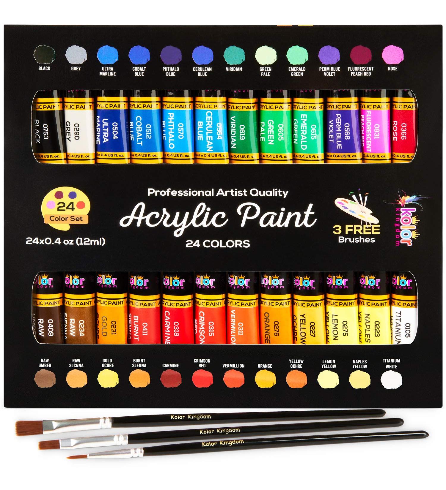 Acrylic Paint Set 24 Colors (0.41oz/12ml) Kit for Artists & Beginners - Non-Toxic Craft Paints for Paper, Canvas, Wood, Ceramic, Fabric - Includes 3 Brushes - Buy Online on GoSupps.com