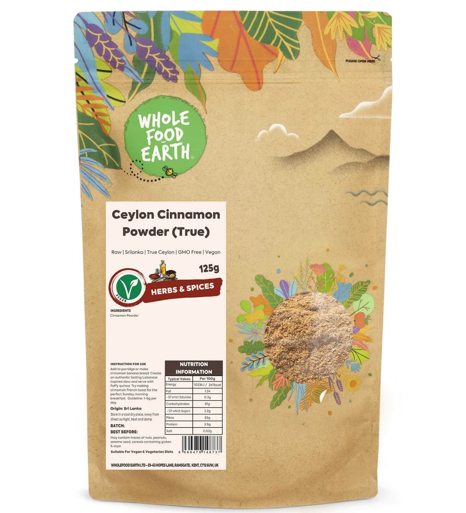 Wholefood Earth Ceylon Cinnamon Powder 125g - Raw & GMO Free - True Ceylon from Sri Lanka - Buy Online on GoSupps.com