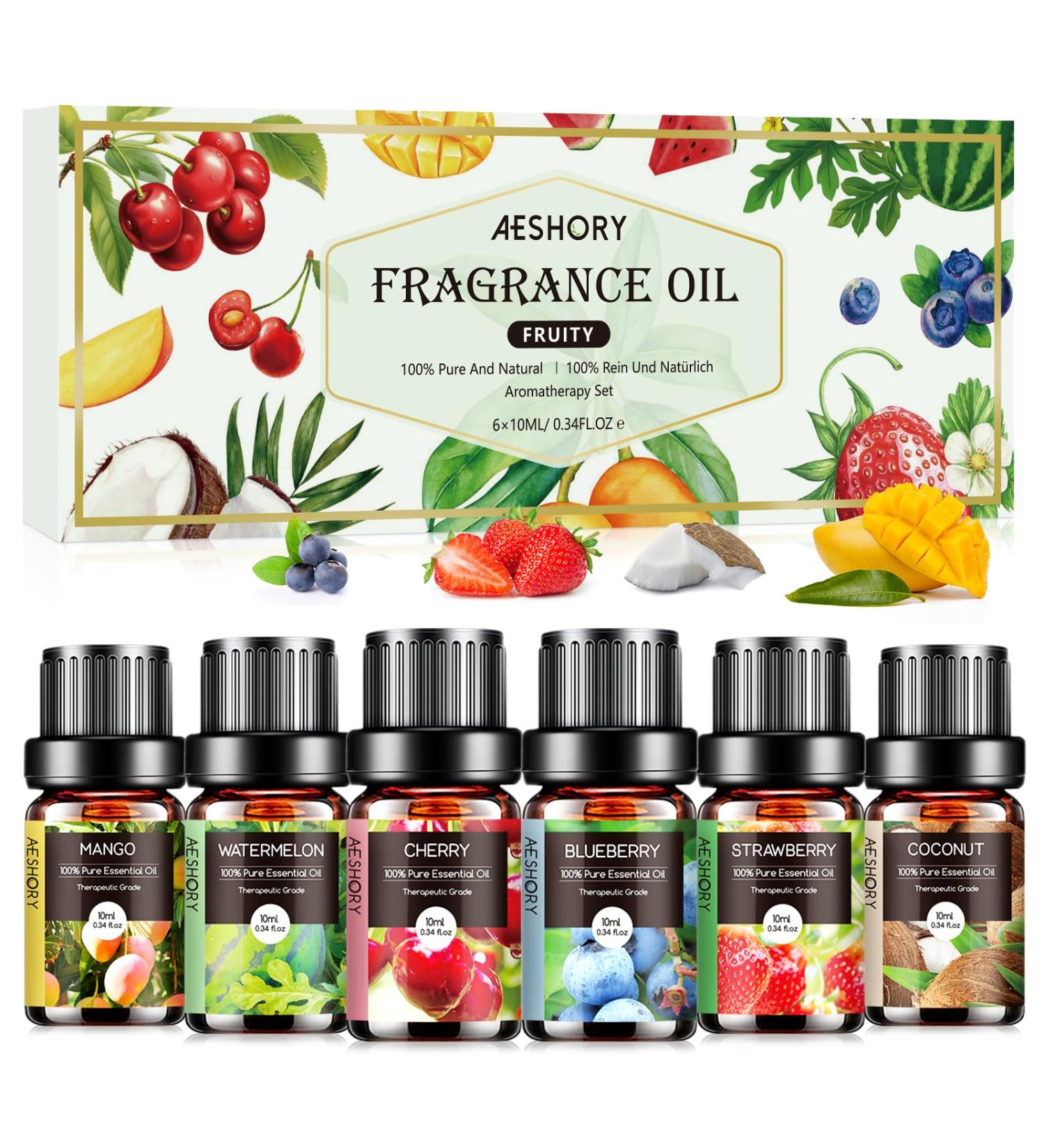 Aeshory Fruity Essential Oil Set - 6 x 10ml Natural Aromatherapy Fragrance Gift Set for Diffusers - Strawberry Blueberry Cherry Coconut Watermelon Mango - Buy Online on GoSupps.com