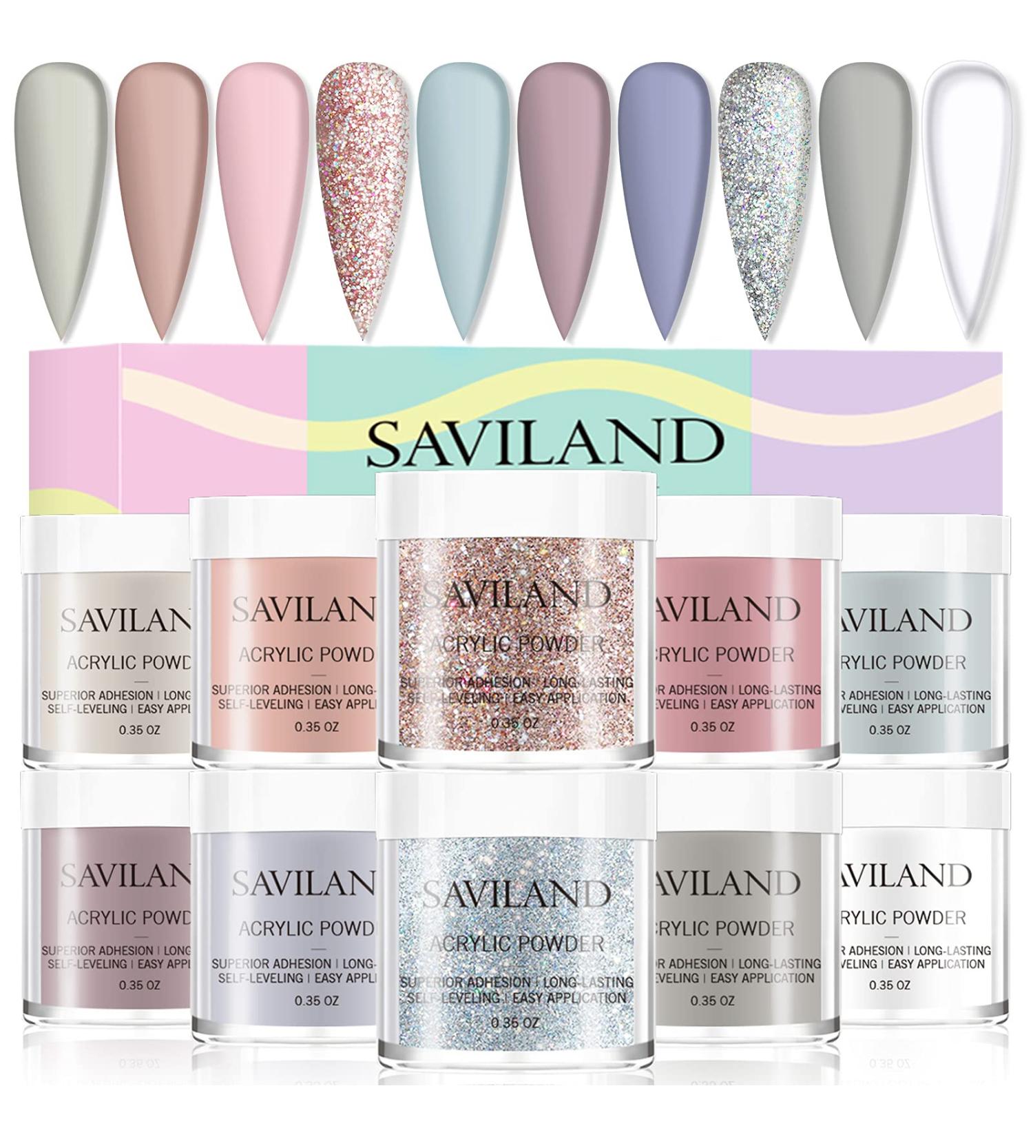 Saviland 10 Colors Acrylic Powder Set - Professional Polymer Colored Acrylic Nail Powder for Nail Extension - Glitter White Pink - No Nail Lamp Needed - Buy Online on GoSupps.com