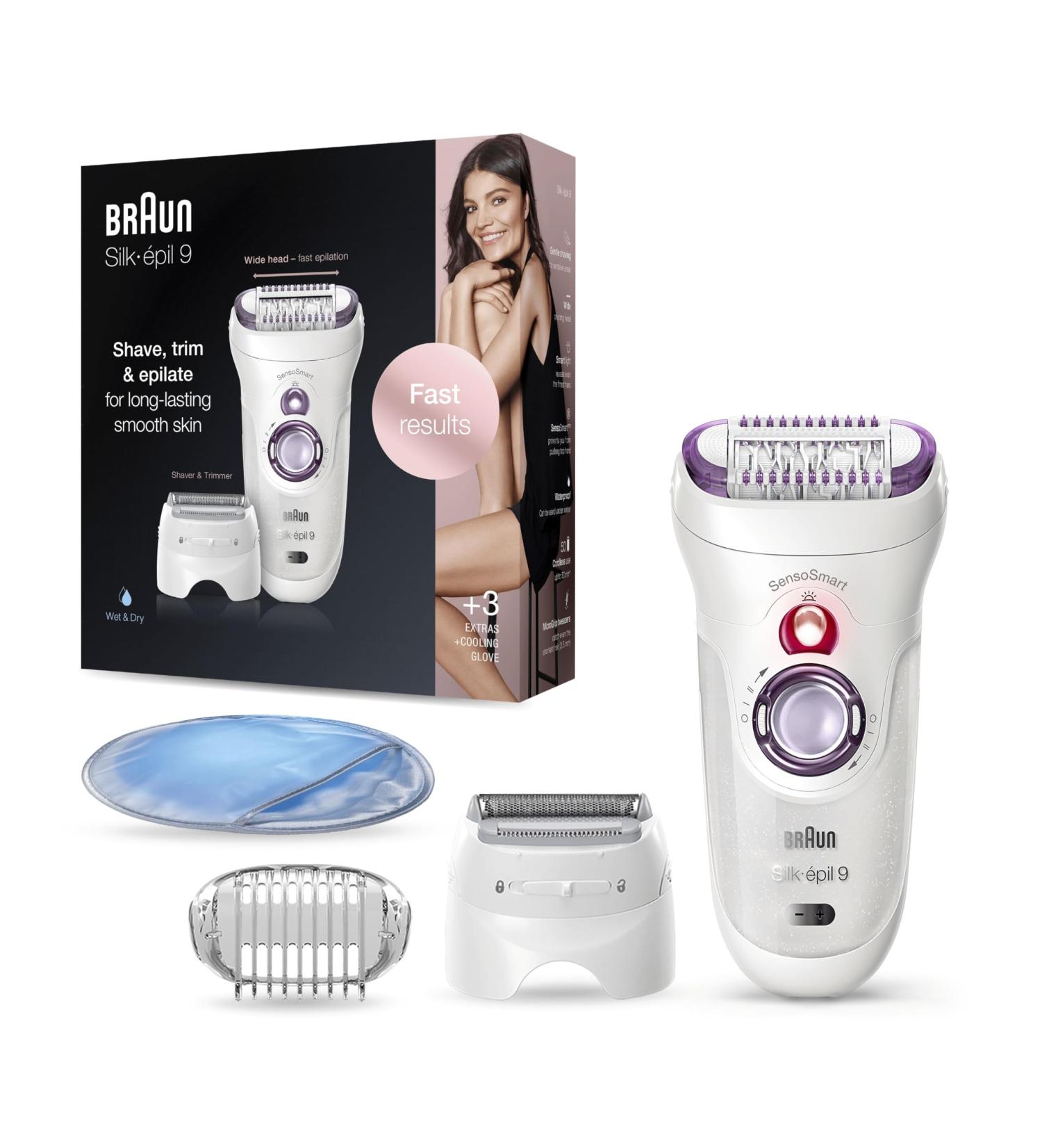 Braun Silk- pil 9 Epilator: 40 Tweezers, Electric Shaver & Trimmer, Cooling Glove, Wet & Dry, 100% Waterproof - White/Purple SES 9-710 - Buy Online on GoSupps.com