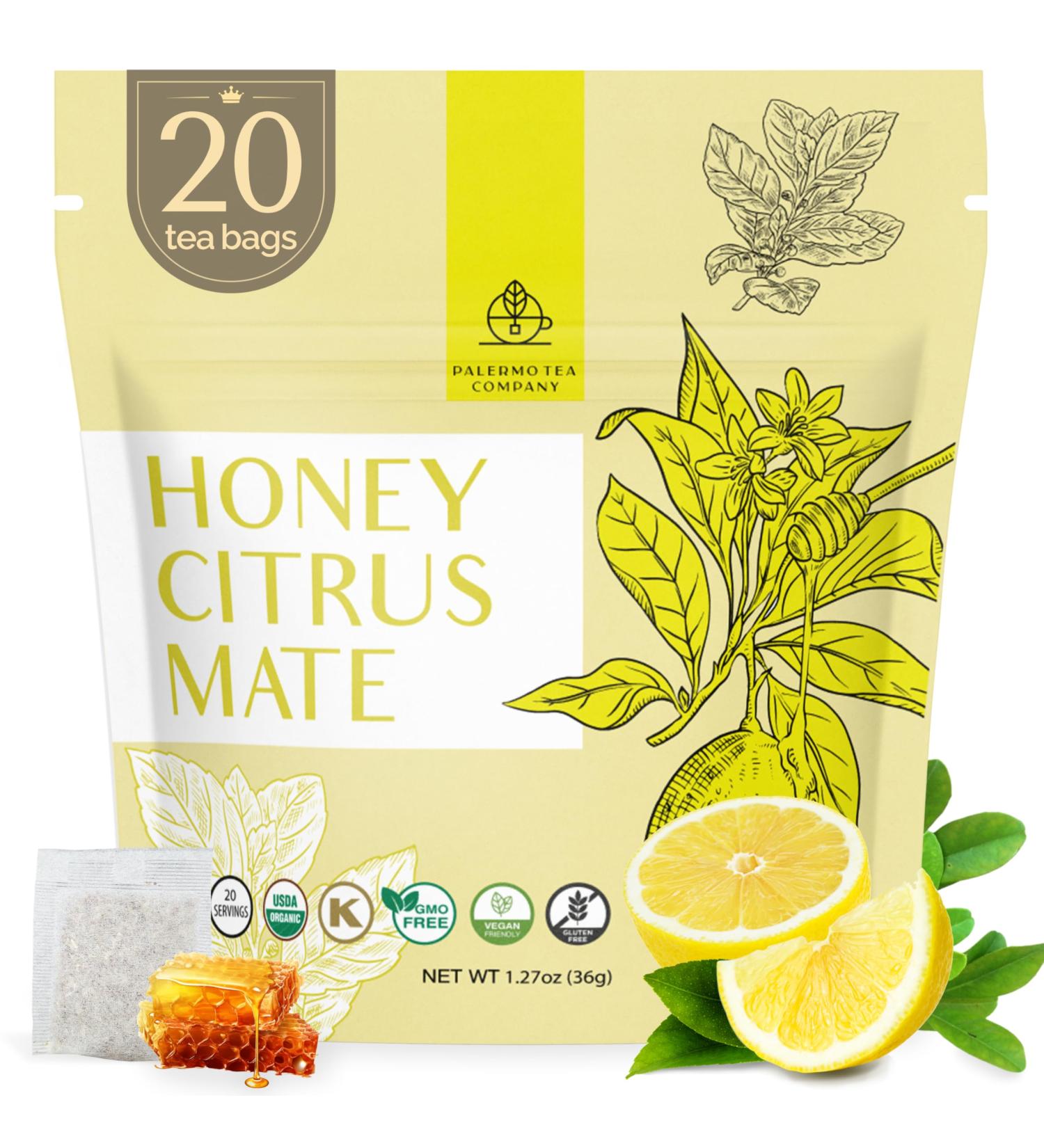 Palermo Organic Yerba Mate Tea Bags - Honey Citrus with Ginger & Turmeric | 20 Count | Energizing Antioxidant-Rich Vegan Gluten-Free - Buy Online on GoSupps.com