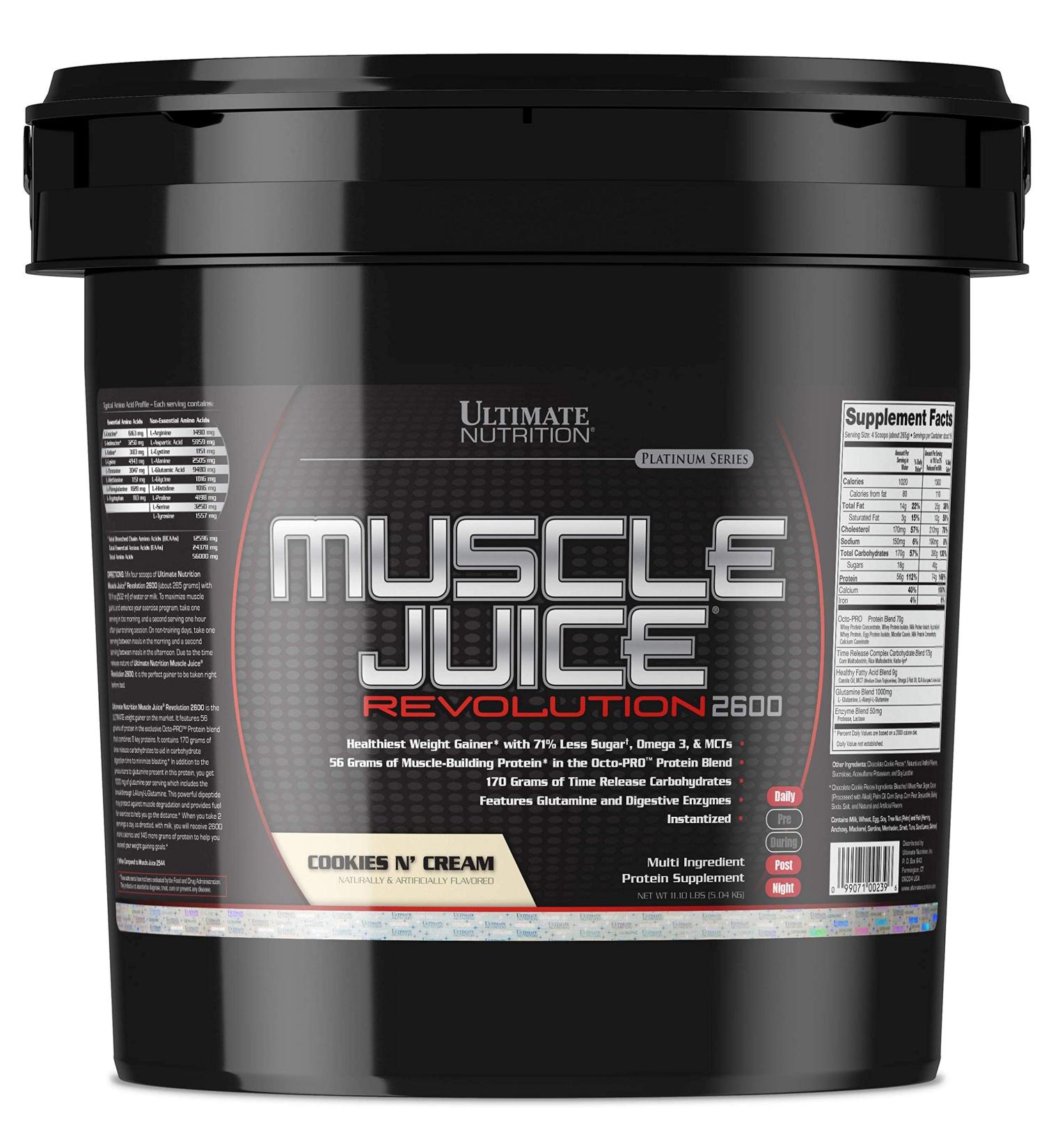 Ultimate Nutrition Muscle Juice Revolution 2600 Weight Gainer with Glutamine & Micellar Casein, Cookies N Cream, 11.1 lbs - Buy Online on GoSupps.com