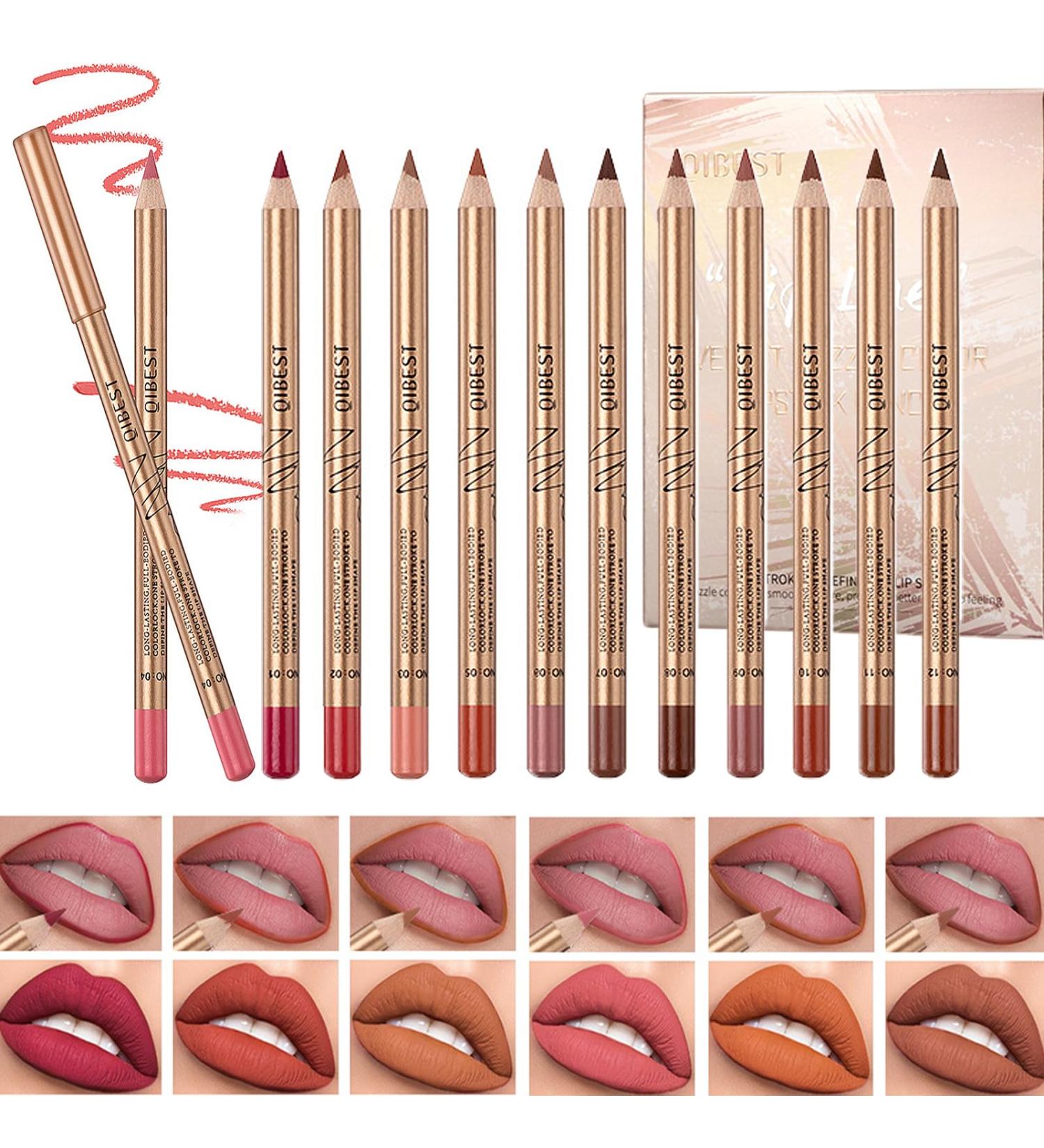 DENESTUP 12 pcs Lipstick Pencil Matte Lip Liner Set Plump Nude Lip Shape No Smudge Longwear Non-sticky High Pigmented Natural Lip Gloss Primer Makeup - Buy Online on GoSupps.com