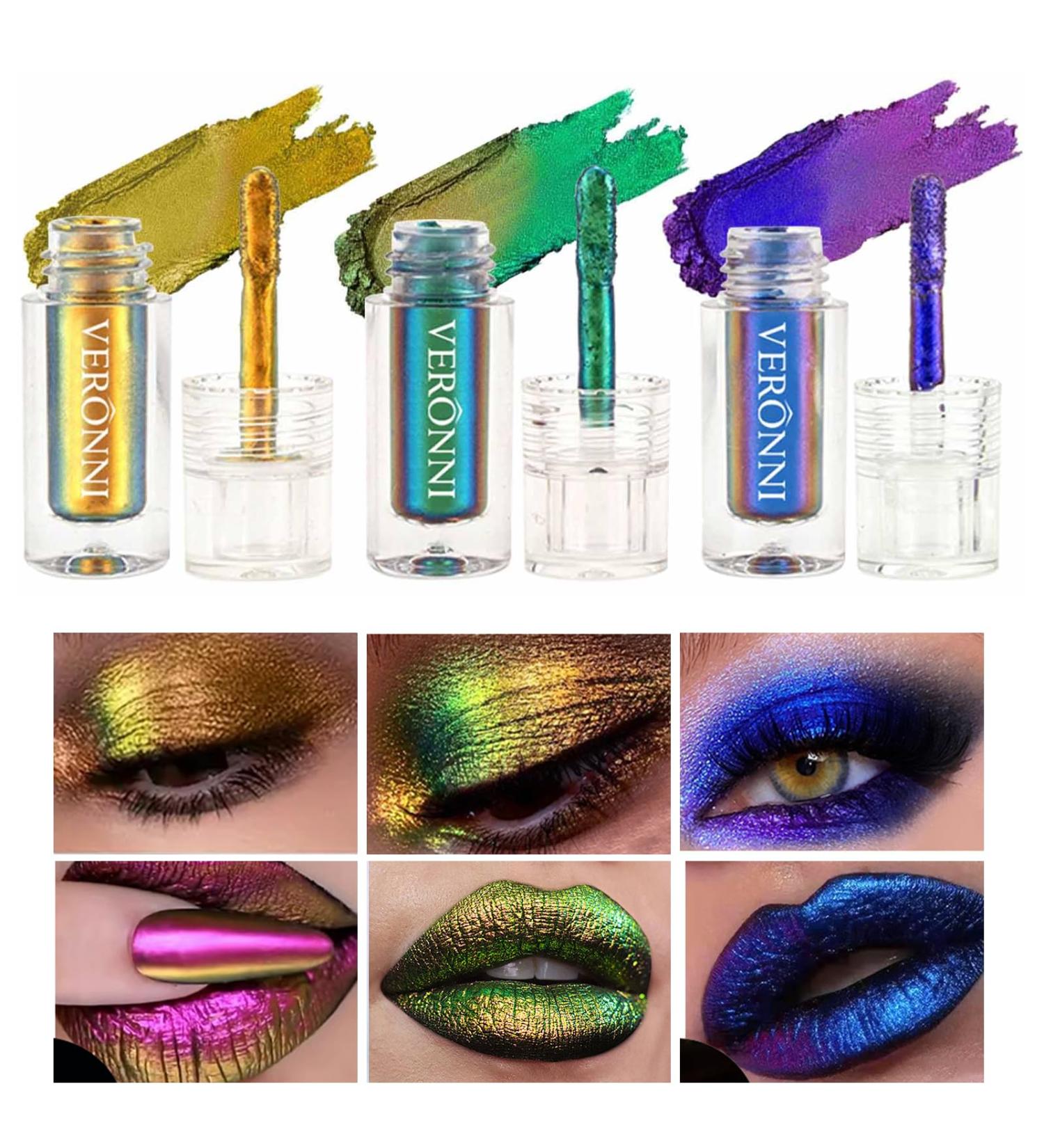 VERONNI Chameleon Eyeshadow - 3 Colors Liquid Metallic Holographic Glitter Long Lasting & Smudge Proof Multichrome Eye Shadow - Buy Online on GoSupps.com